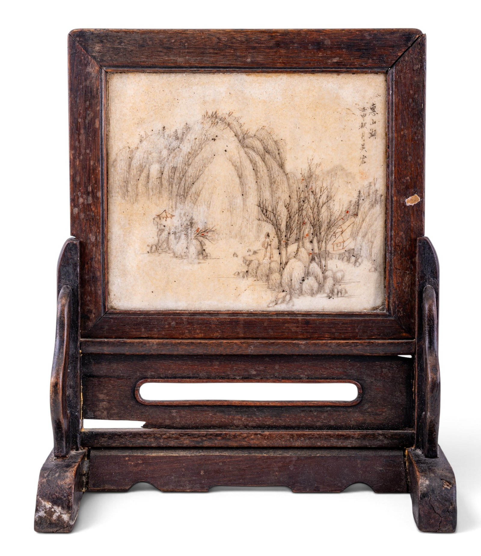Chinese Stone Plaque in Wooden Stand Antique: Chinese stone plaque illustration inset on hardwood table screen (chaping). Circa late Qing Dynasty to Republic period (late 19th to early 20th century). Scholar's desk table screen. Carved dark hardw
