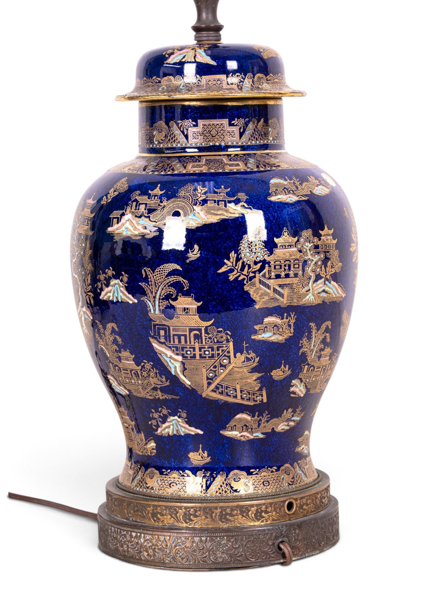 Cobalt & Gilt Chinese Porcelain Ginger Jar Lamp: A vintage cobalt glazed and transfer painted gold Chinoiserie porcelain ginger jar lamp with brass base, measures approx. 19" to the socket, 26" H to the finial.