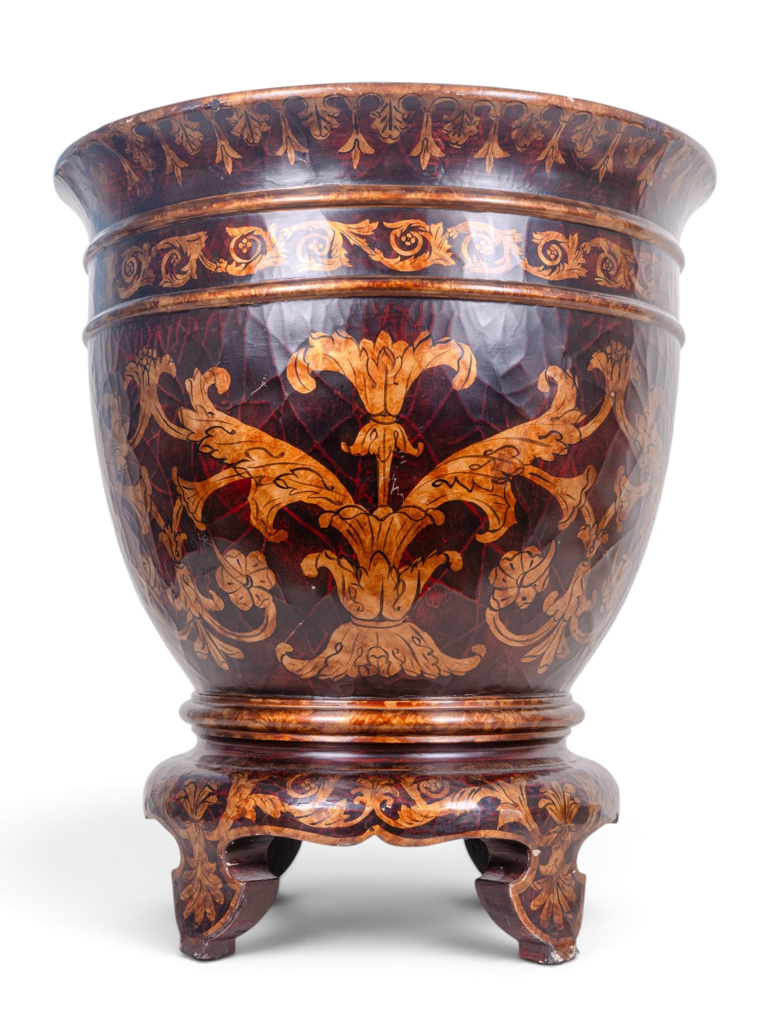Large Decorative Lacquered Planter: Large decorative wooden planter with wide, flared mouth featuring a red-and-gilt Chinoiserie lacquered finish with scroll and floral motifs raised on short, carved feet. Condition is as seen in photog