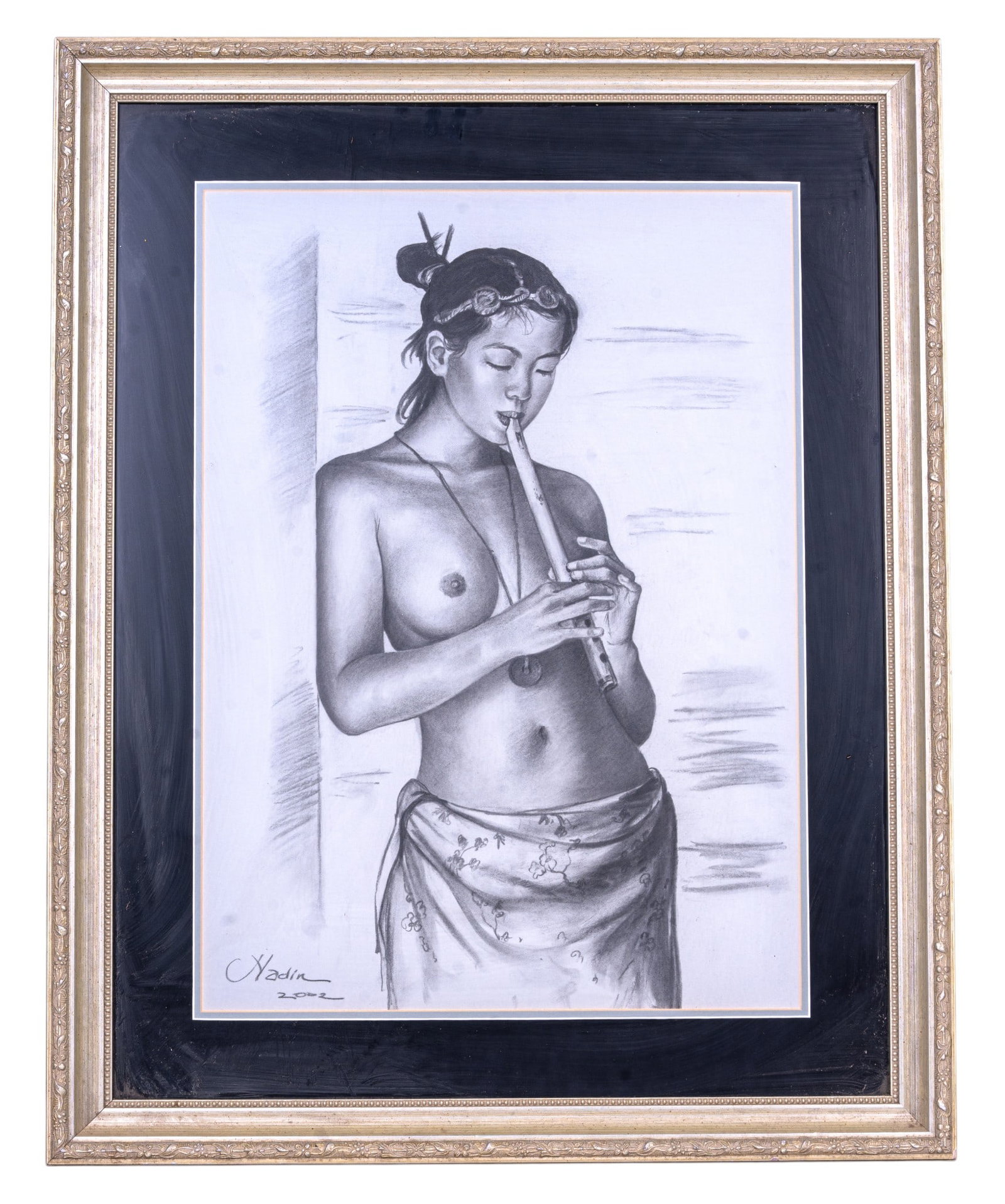 Asian Woman Playing Flute Print on Textured Paper: Print of an evocative and detailed figurative sketch of an Asian woman playing a traditional end-blown bamboo flute. Executed in realistic monochromatic style. Printed signature, "Hadin" and date "200