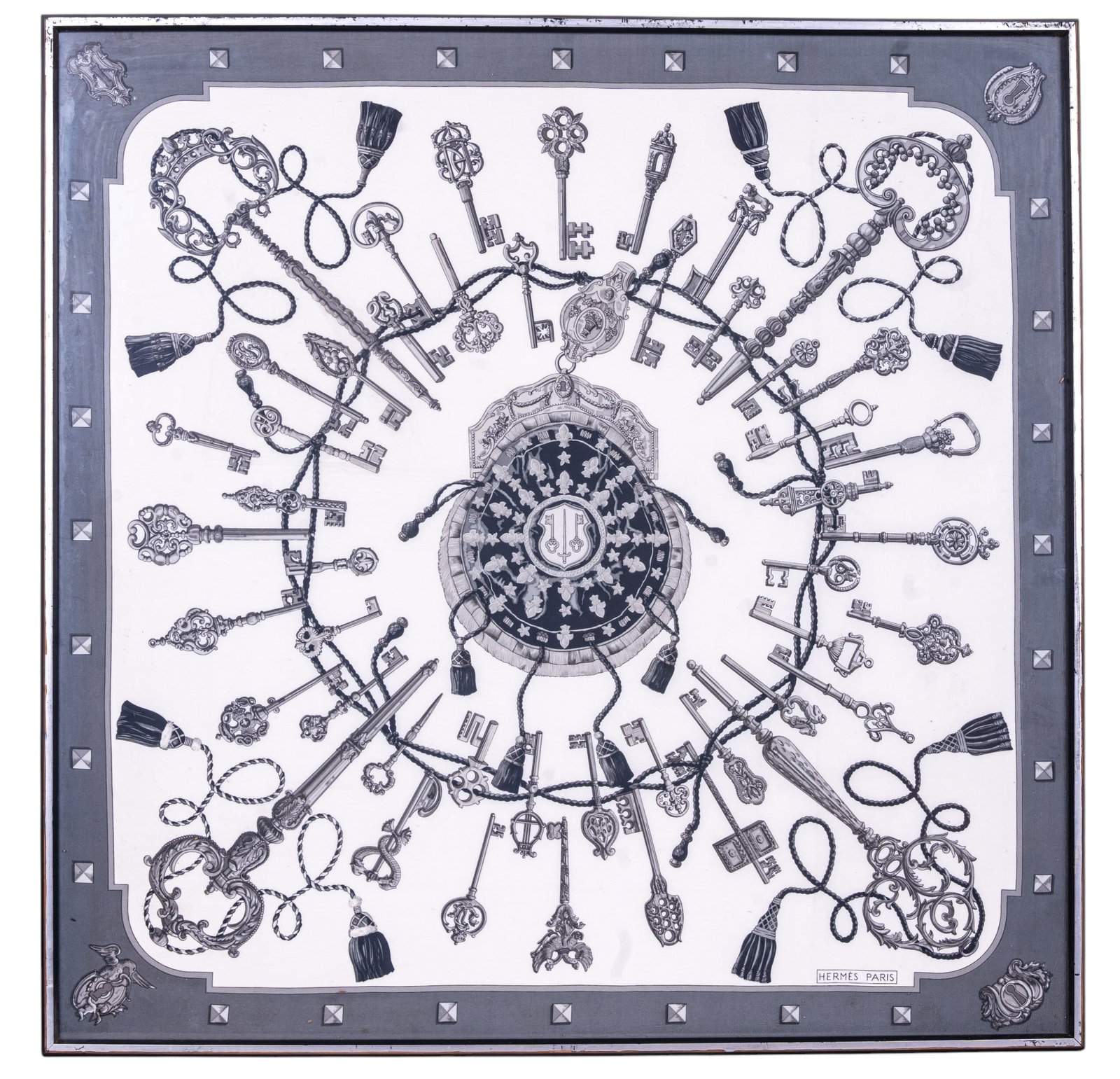Hermes Paris "Les Cles" Silk Scarf Cathy Latham: Framed and showcased silk scarf in classic gray and white. Appears to be authentic "Les Cl?s" (The Keys) by Herm?s illustrator Cathy Latham. Design ranks as one of the top 10 best-selling Hermes scarf