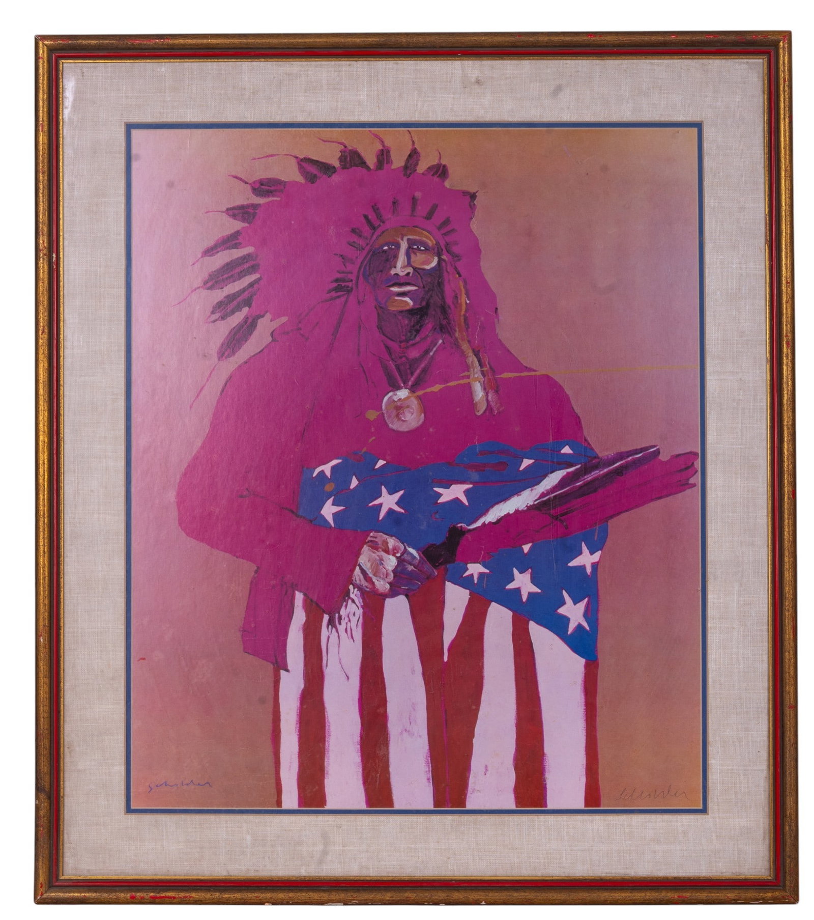 Signed Fritz Scholder Last Indian w/ American Flag: Signed lithograph on paper of the 1975 work titled "Last Indian with American Flag" by renowned Luise?o painter and printmaker Fritz Scholder (Native American, 1937-2005). Hand-signed in pencil in low