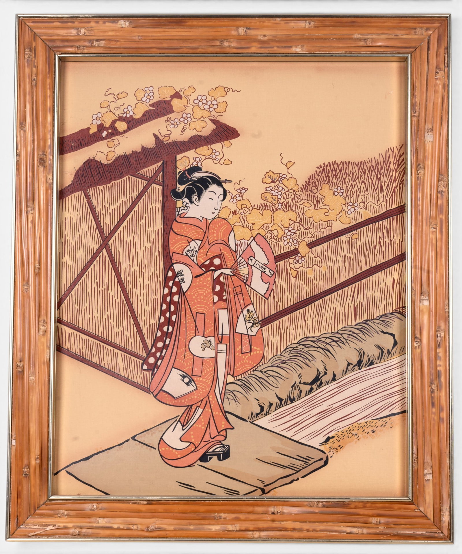 Suzuki Harunobu Meeting Her Lover Woodblock Print: Vintage framed Japenese woodblock polychrome print of the piece titled "Meeting Her Lover" by Suzuki Harunobu (Japan, 1725-1770). Produced by Academy Arts (Chicago), copyrighted 1976. Set in bamboo in