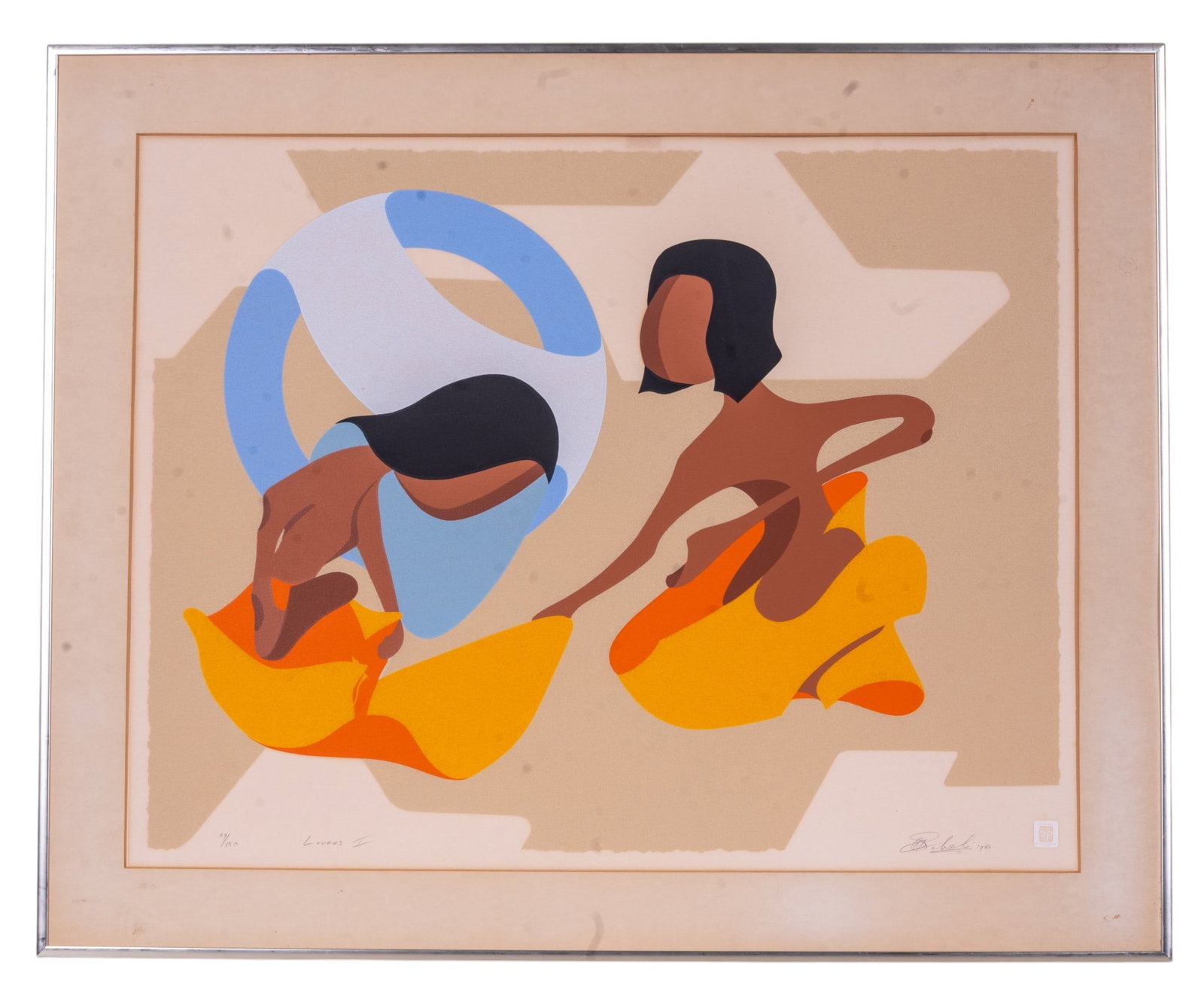 Signed Huibert Sabelis "Lovers I" 1980 Serigraph: Original, limited-edition mid-century modern style serigraph (silkscreen print) on paper titled "Lovers I" by well-listed artist Huibert Sabelis (b. 1942, Netherlands; d. 2013, Canada). Created in 198