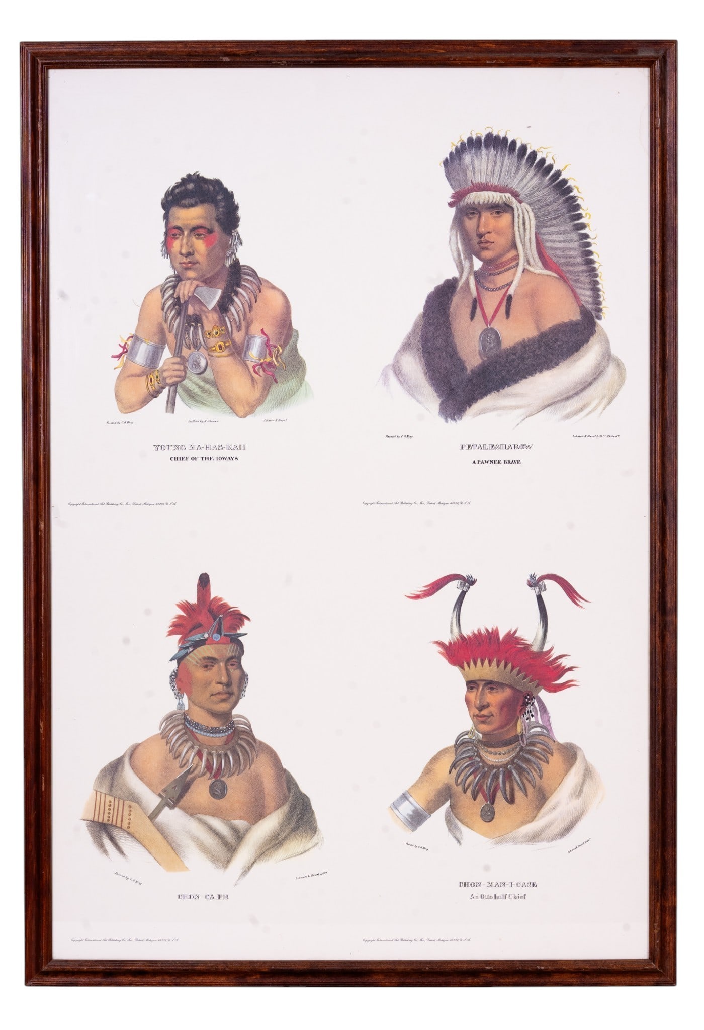 Vintage Native American Chiefs Lithograph Poster: Vintage mid-20th-century offset lithograph poster featuring four prominent Native American portraits. Portraits were originally painted from life by Charles Bird King (1785-1862) in the early 19th cen