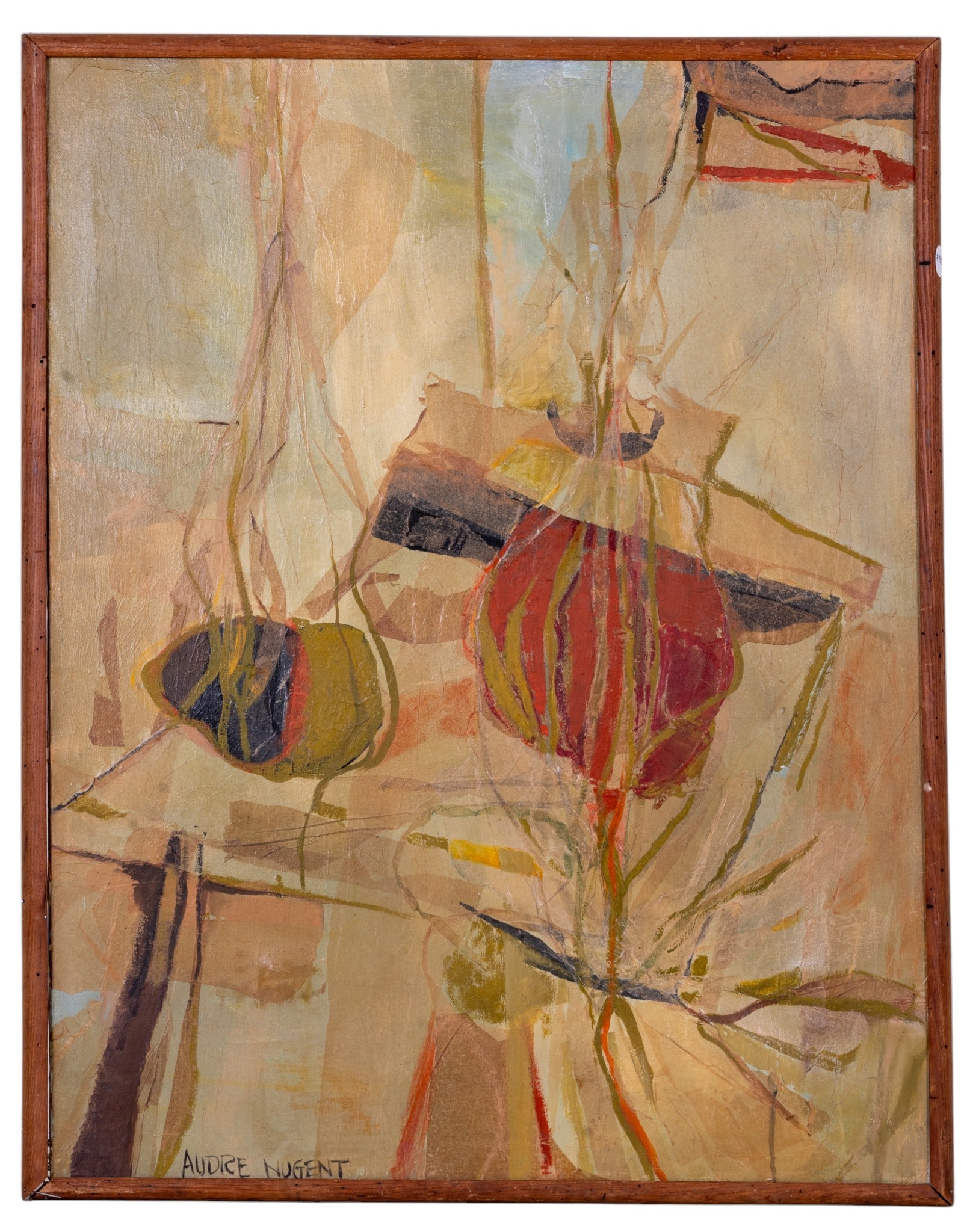 Signed Framed Audrey Nugent "Afternoon" on Canvas: Original abstract painting by mid-century artist Audre Nugent. Appears to be oil or mixed media on canvas. Hand-signed in modernist block letters in lower-left corner. According to penciled writing on