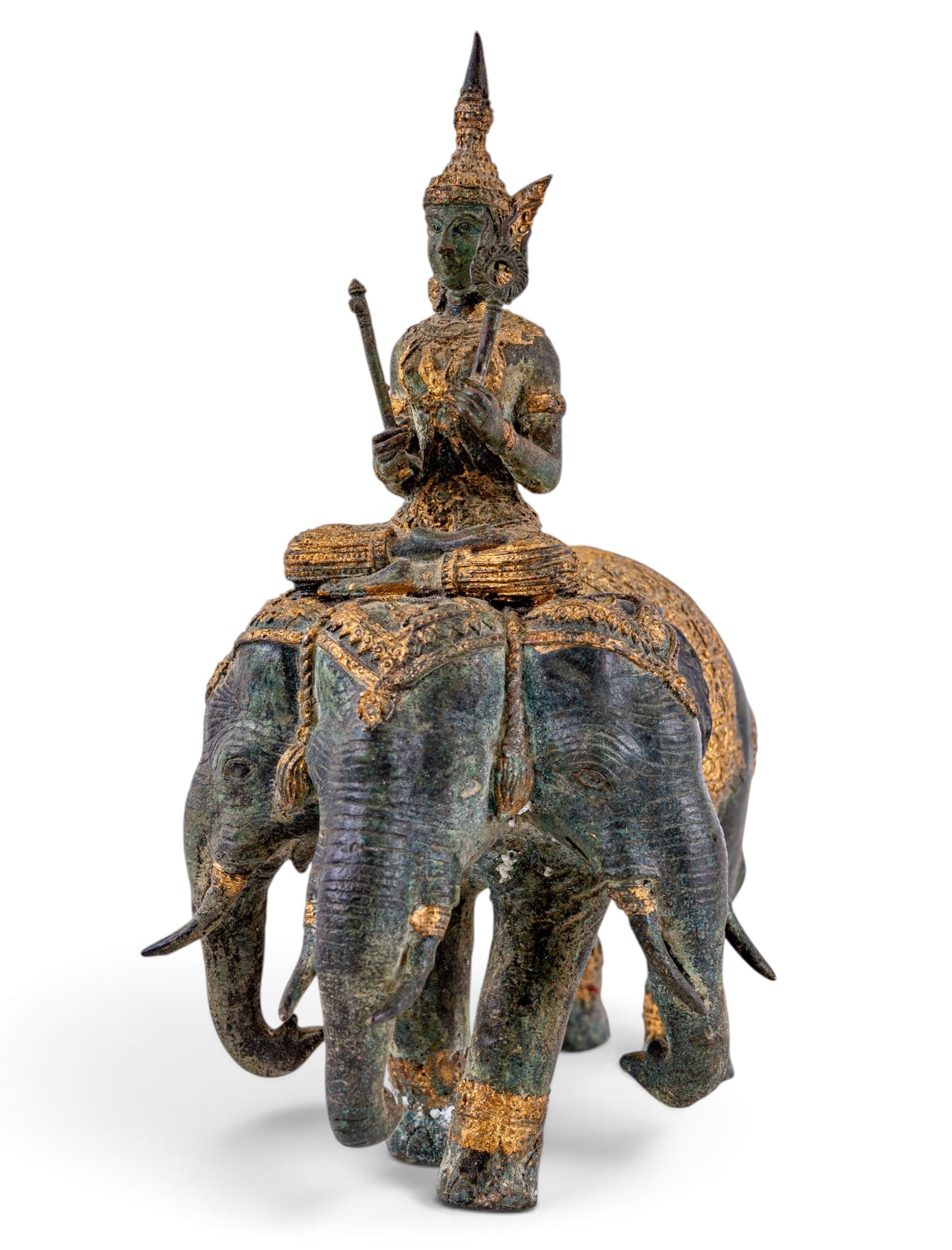 Hindu Gilt Bronze Indra Airavata 3-Headed Elephant: Finely cast Southeast Asian patinated bronze sculpture depicting the Hindu deity Indra riding his mythological mount, Airavata. Cast bronze/brass with applied gilt highlights. Circa mid-to-late 20th c