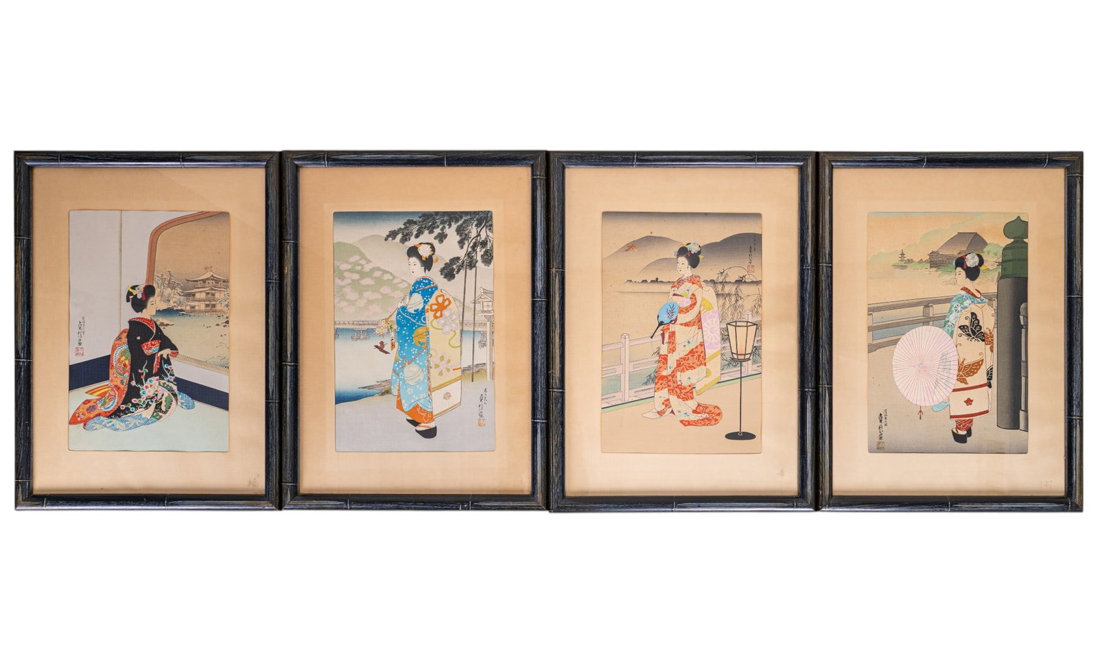 Vintage Japanese Wood Blocks aft. Hasegawa: A four piece set of framed woodblock prints printed by Uchida Woodblock Printing Co LTD featuring the shin-hanga work of Hasegawa Sadanobu III from the 'Maiko in the Four Seasons of Kyoto' series incl