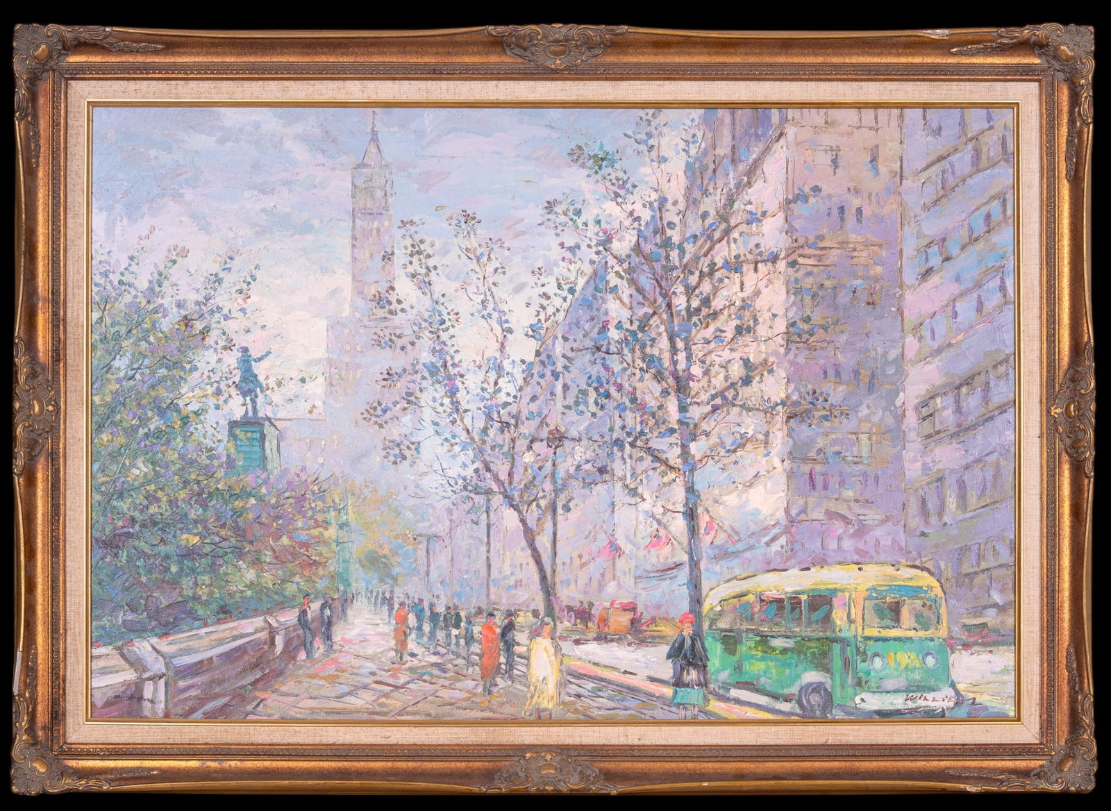 Signed Mid-Century NYC O/c: Mid-20th century oil on canvas depicting a bustling New York City street scene, rendered in a heavily textured Impressionistic manner with figures, automobiles, architecture and leafy trees lining the