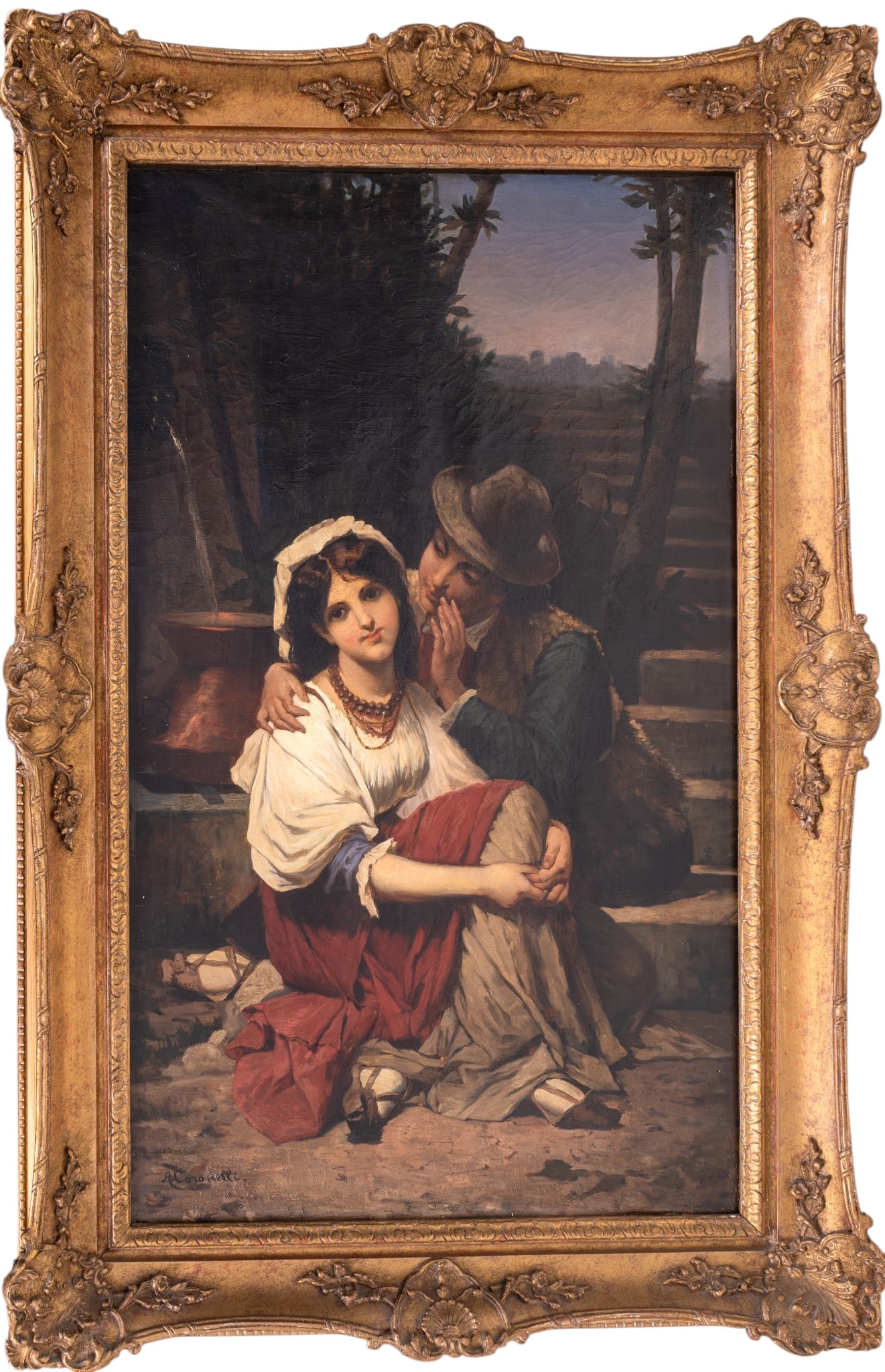 A. Coronelli, Large Italian Figural O/c: Large oil on canvas by A. Coronelli (Italian, active 20th century), depicting a seated young woman in traditional dress accompanied by a male figure in a rustic landscape setting. signed "A. Coronelli