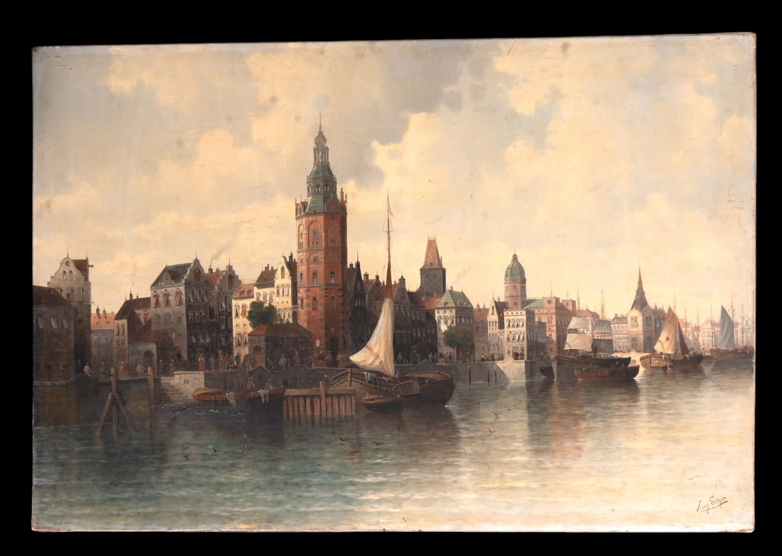 Oil on Canvas August Von Siegen (GM 1820-1883): A large 19th C oil on canvas cityscape painting depicting a harbor area, note some restorations, signed in the lower right corner by August Von Siegen (German 1820-1883). Canvas measures approx. 38.5"