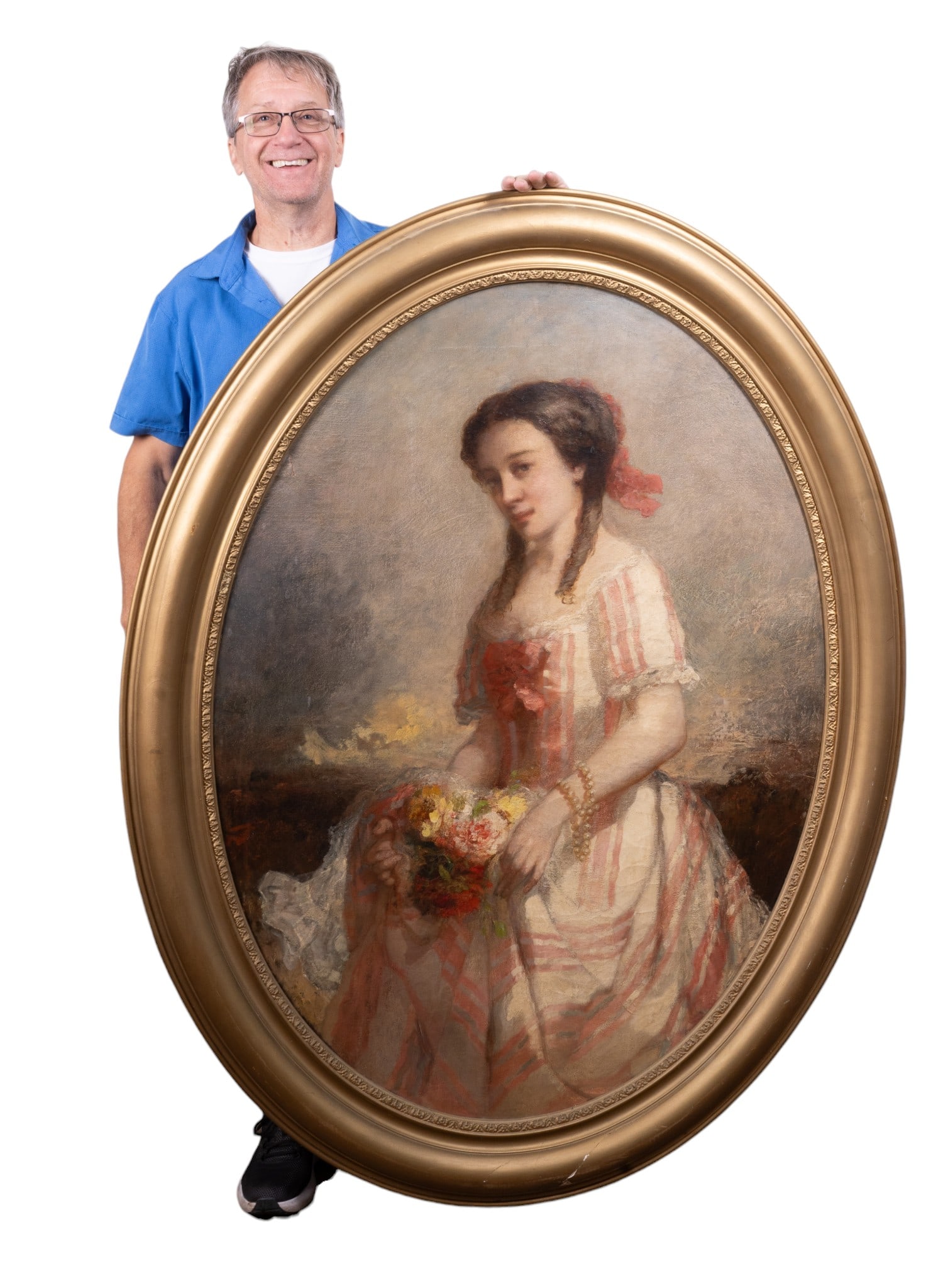 Large 19th Century O/c, Paris: Large-scale 19th century oil on canvas depicting a young woman in striped dress with red ribbon, seated outdoors holding a bouquet of flowers. Bears old Paris stencil to the reverse of the canvas. Dog