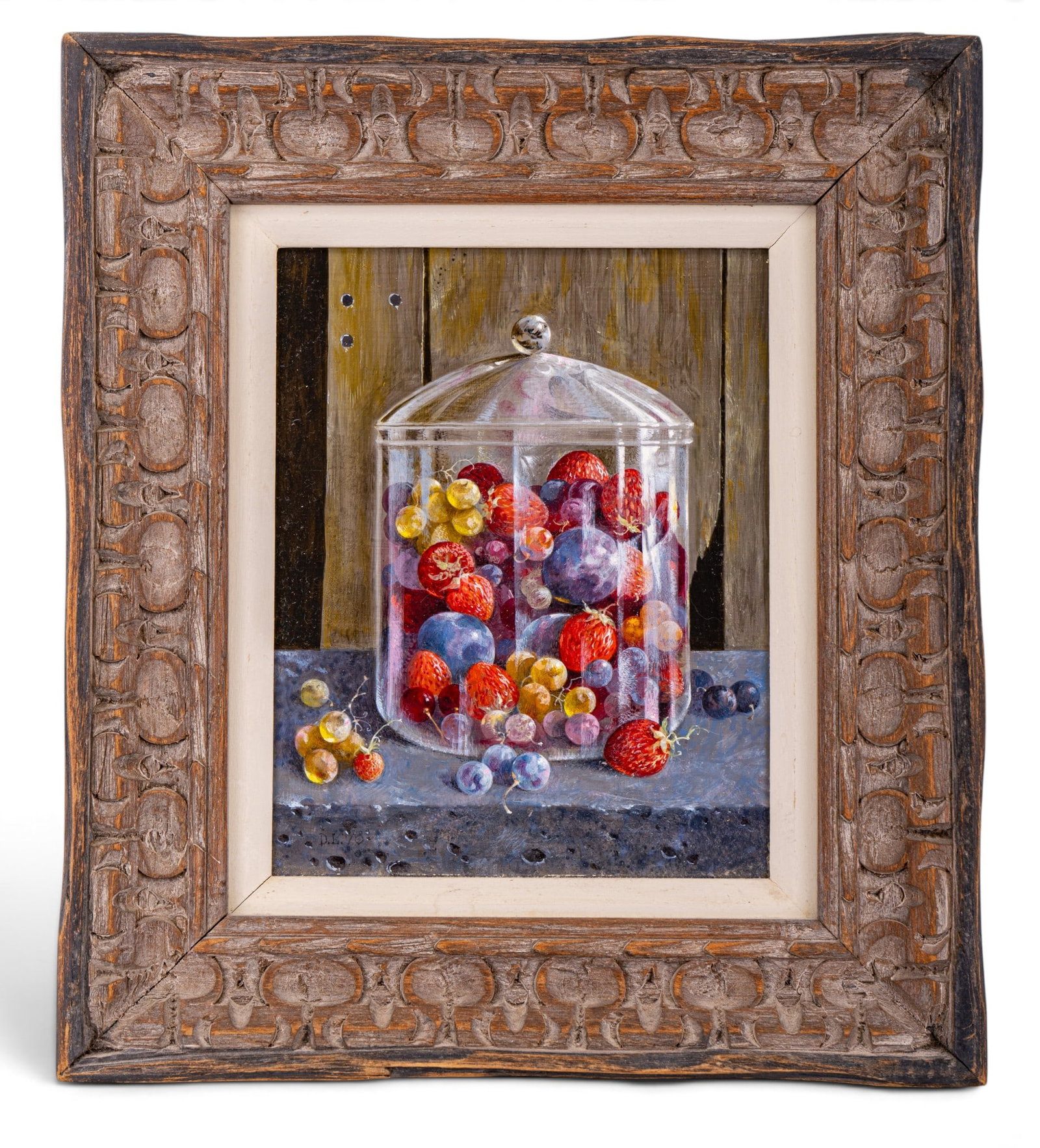 Don Lord Signed Oil on Board Still Life: Original oil on board painting by Don Lord (1929-1990, Pennsylvania). Depicting a lidded glass container housing various berries. Signed to lower left "D.L. 78". Measures approx. 13.5" W x 15.5" H