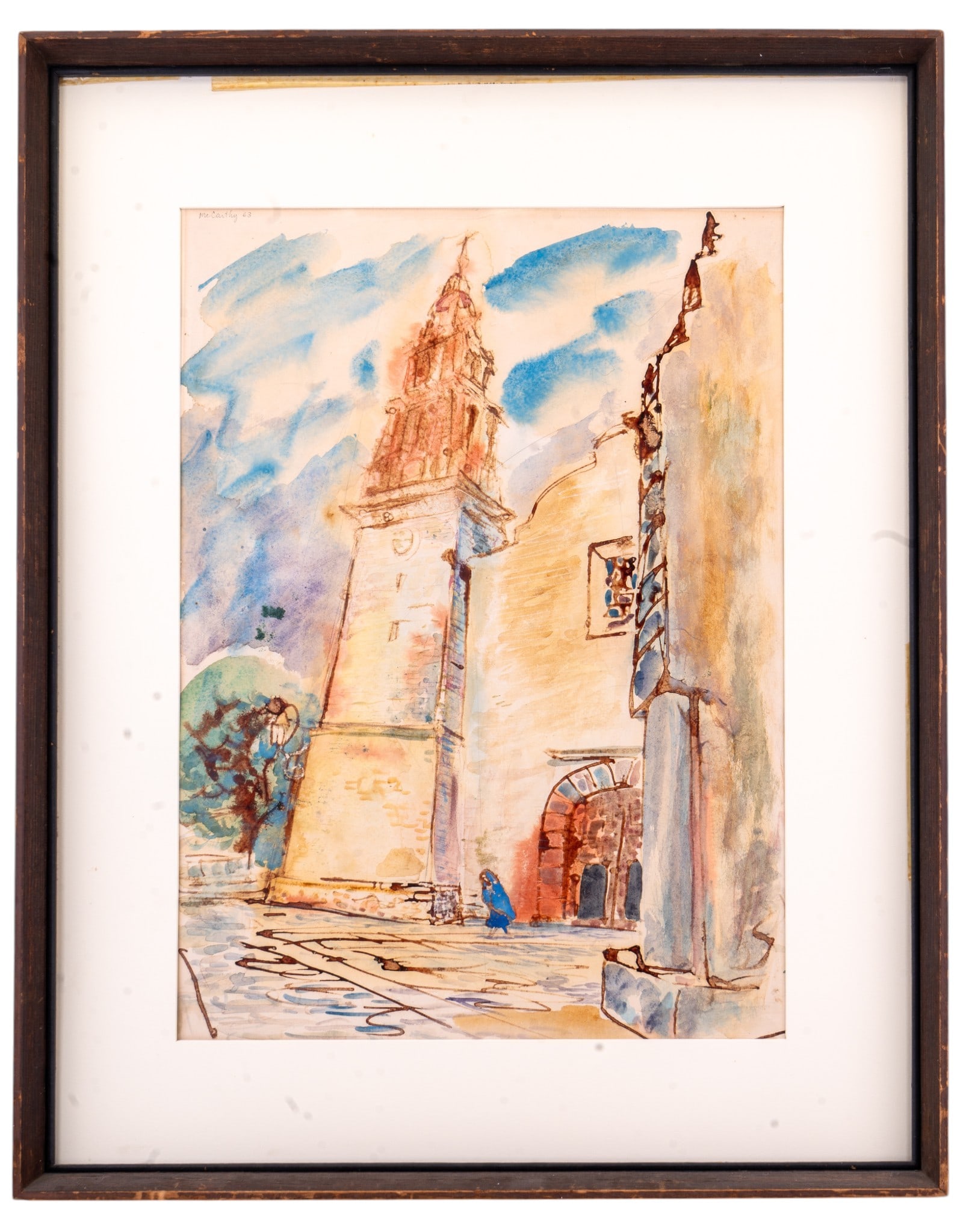 McCarthy 1963 Architectural Watercolor: Original watercolor on paper depicting a sunlit architectural street scene centered by a tall church or bell tower. Signed McCarthy 63 at upper left. Measures approx. 23.25" W x 29.25" H OD. Came