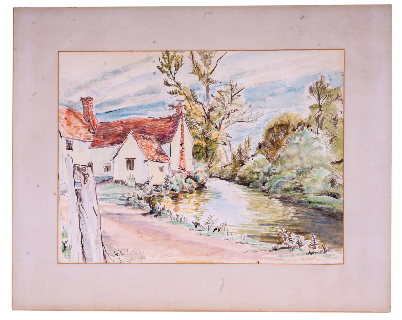 McCarthy "Willy Lot's House" Watercolor: Original watercolor on paper depicting Will Lott's House at Flatford, Suffolk, England. Inscribed at lower left and dated 1955. Signed to lower right. Unframed. Measures approx. 26" W x 21" H OD.