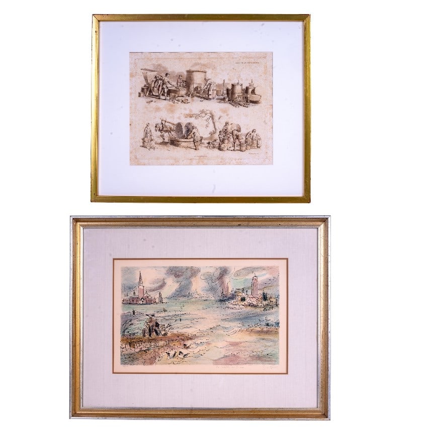 Antique 1807 "Brewing and Cyder Making" Engraving: Early 19th-century engraved print titled "Brewing and Cyder Making," depicting two detailed scenes of traditional brewing and cider production. Inscribed "Pub. by Pyne & Nattes, 1807". Matted under