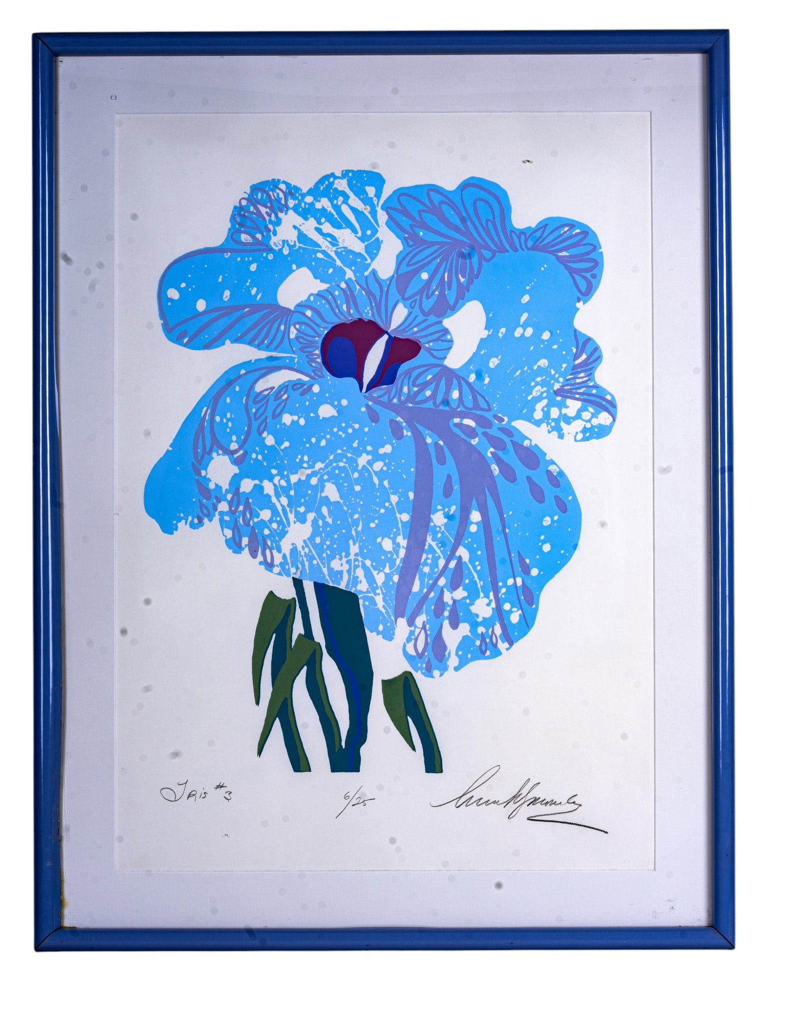 Signed Limited Edition "Iris #3" Floral Lithograph: Limited edition color lithograph depicting a large stylized iris in pale blue, lavender, burgundy, green, and purple. Pencil titled "Iris #3" lower left, numbered 6/25 lower center, and pencil signed