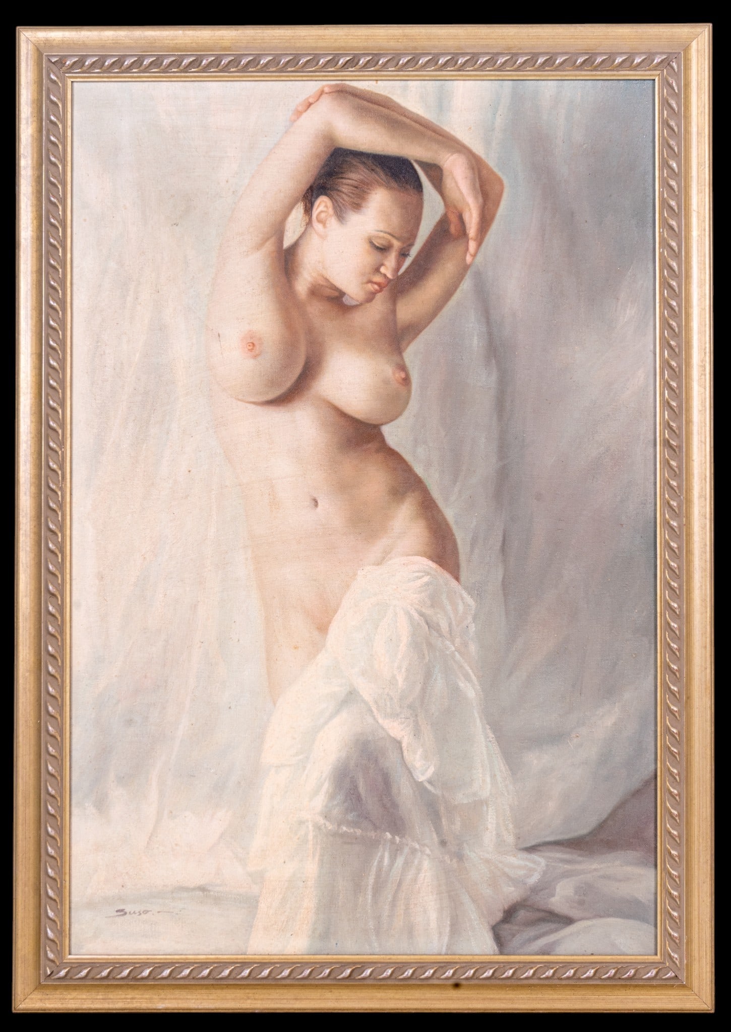 Signed Female Nude Oil on Canvas: Large-scale oil on canvas depicting a female nude posed with arms raised above her head and partially draped in white fabric. Signed lower left with an indistinct signature, possibly "Guso" or