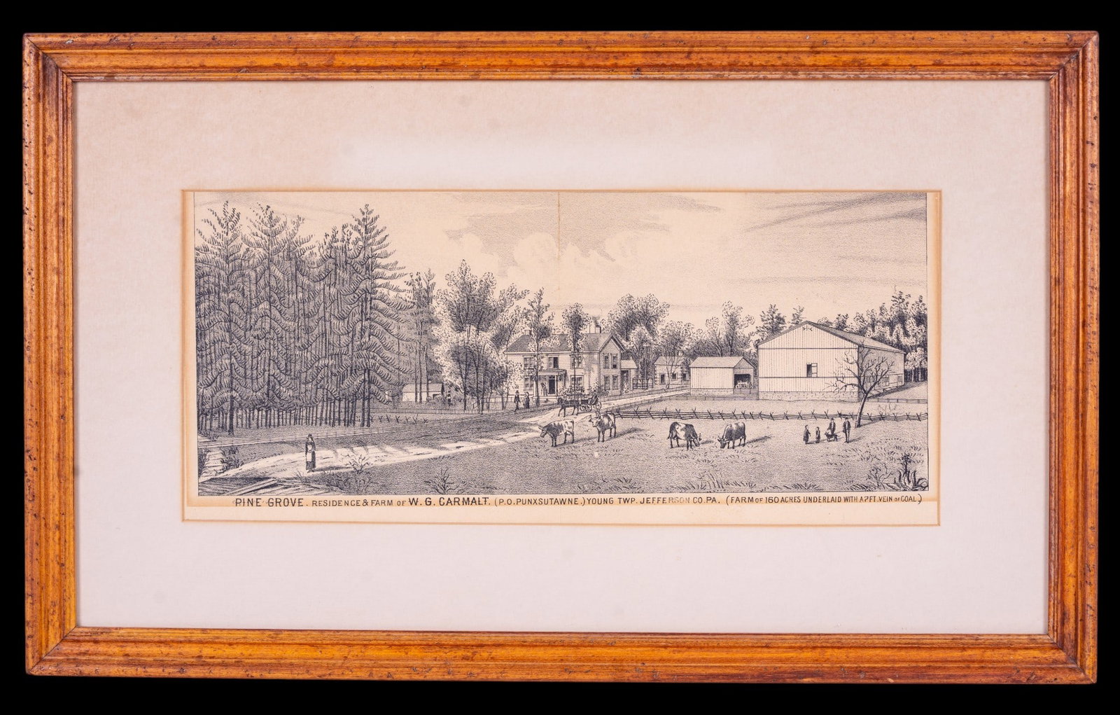 19C Jefferson County, PA "Pine Grove" Farm Litho: Antique lithographic view titled "Pine Grove, Residence & Farm of W. G. Carmalt, P.O. Punxsutawney, Young Twp., Jefferson Co., Pa." depicting the Carmalt residence. Measures approx. 22" W x 13.25" H
