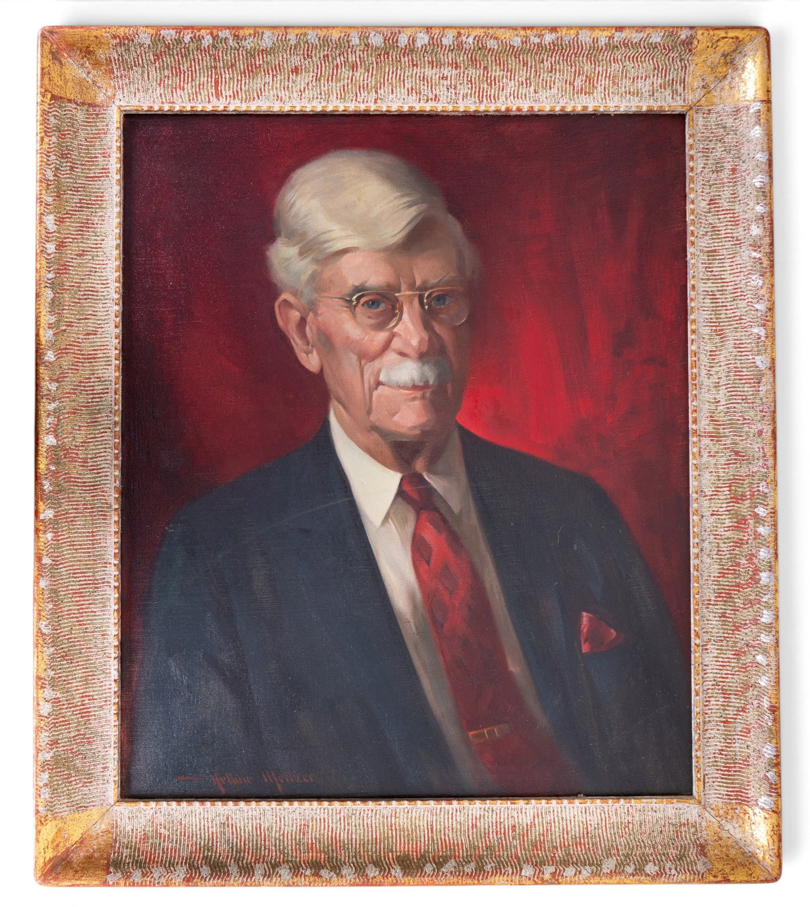 Arthur Meltzer (1893-1989, PA/MN) O/C Portrait: Signed LL in red Arthur Meltzer, this is an oil on canvas portrait of an older man wearing a suit, glasses and moustache, in front of a red background, housed in a wide frame with OD ~25" x 29" x 2"