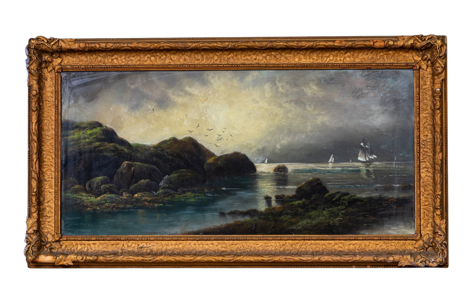 19th C Pastel in Gilt and Gesso Frame, Signed: A 19th C pastel on paper panorama depicting an inlet with sailboats in the distance, in an antique gilt and carved wood and gesso frame, signed in the lower right corner 'Phillips'. Note some loss