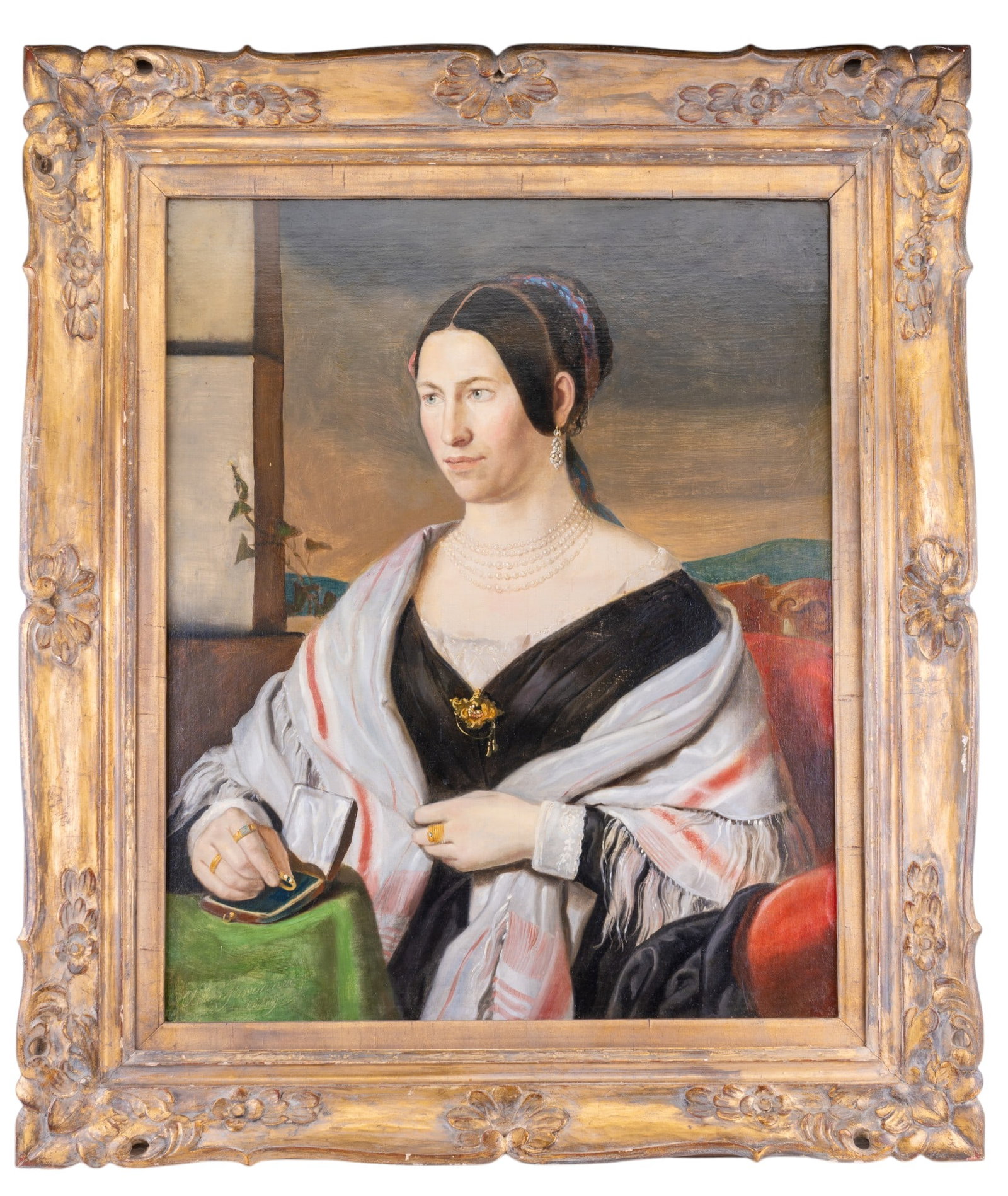Adam Brenner Portrait of a Lady, O/b: Mid-19th century oil on board portrait of an elegantly dressed woman seated in an interior, wearing jewelry and a fringed shawl. Signed Adam Brenner and dated 1849 lower left. Retains an old Sotheby's