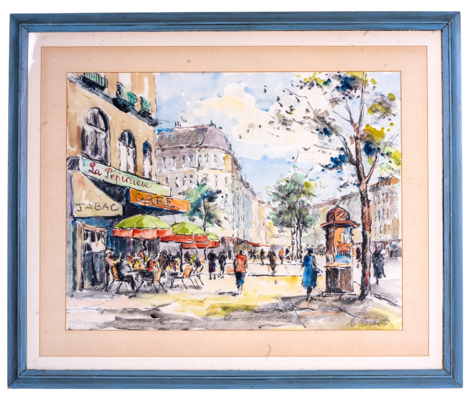 Mixed Media Impressionist Street Scene, Signed: A mid century watercolor and charcoal mixed media painting depicting a Paris street scene, signed in the lower right corner 'H. Rochett'. Frame measures approx. 29.5" H x 35.5" W.