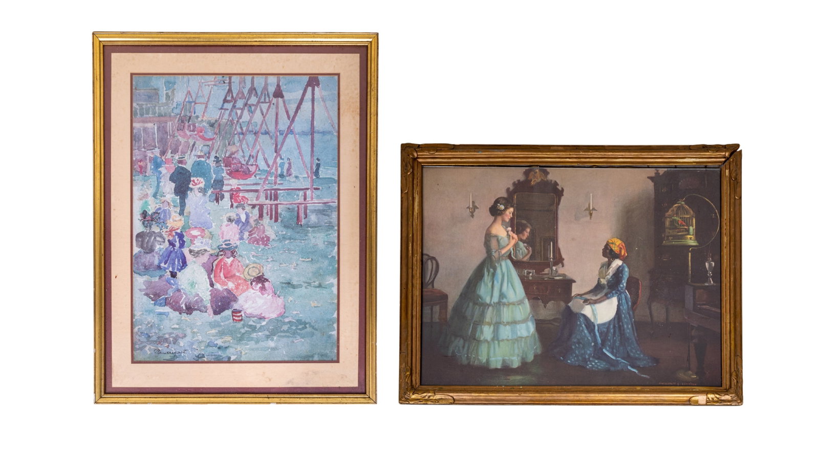 Vintage Pendergast and Pearson Prints: A vintage framed print titled 'Swings, Revere Beach' after Maurice Brazil Pendergast ( American 1858-1924), measures approx. 39" H x 30" W. Also included is a vintage framed print of a woman in a