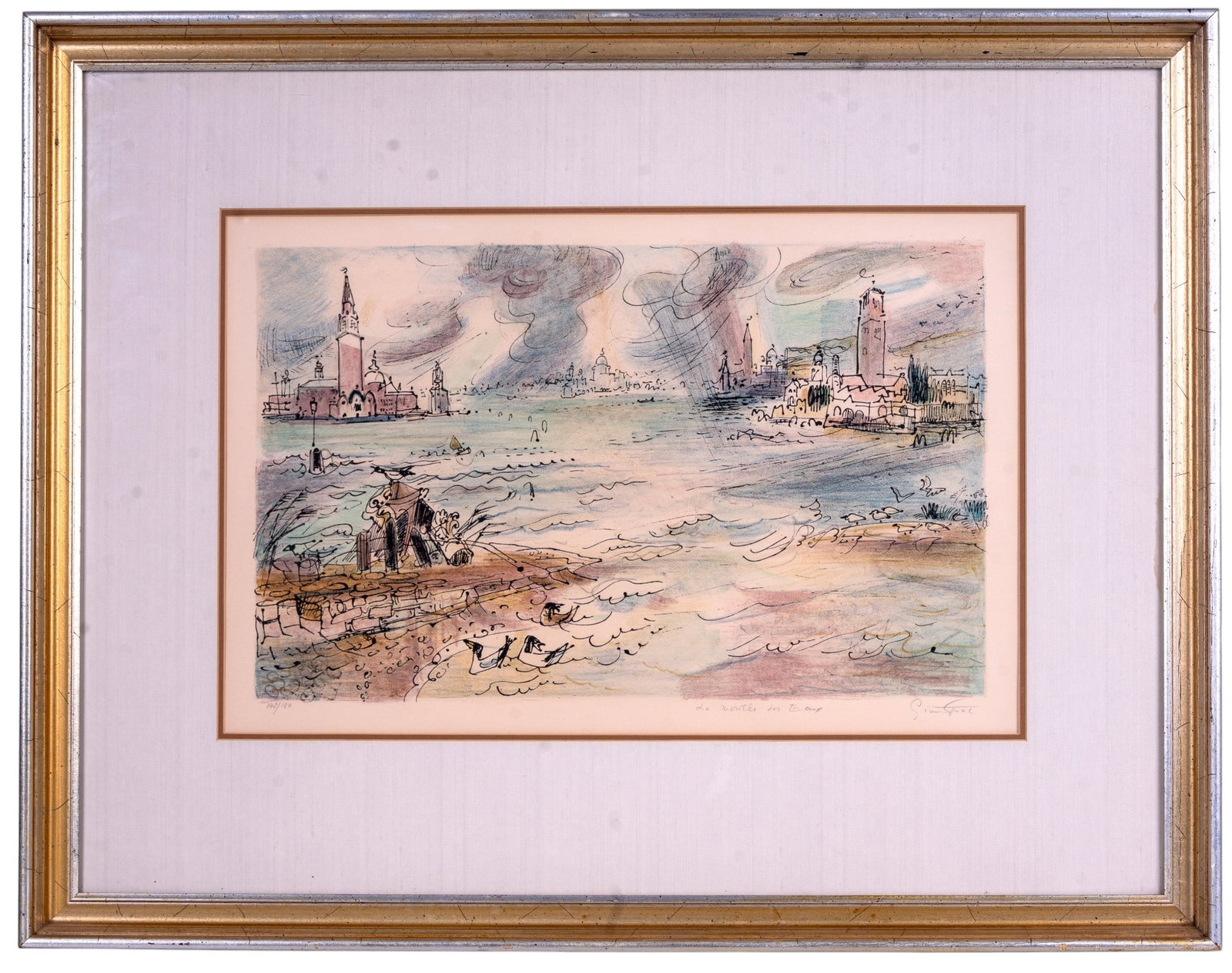 La Montee des Eaux by G. Signac (1913-1980): A framed color litho print titled 'La Montee des Eaux' (Venetian Scene) pencil signed in the lower right corner by Ginette Signac (French 1913-1980), granddaughter of Paul Signac, edition No. 142 of 1