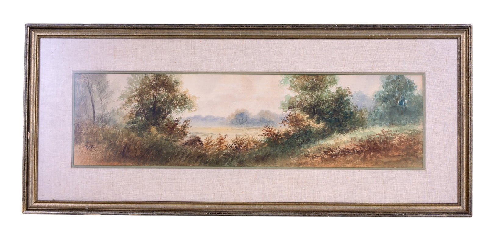 Panoramic Watercolor Painting, Signed: A nicely framed panoramic watercolor painting depicting a lake and trees, signed illegibly in the lower left corner, measures approx. 15.25" H x 35.75" W.