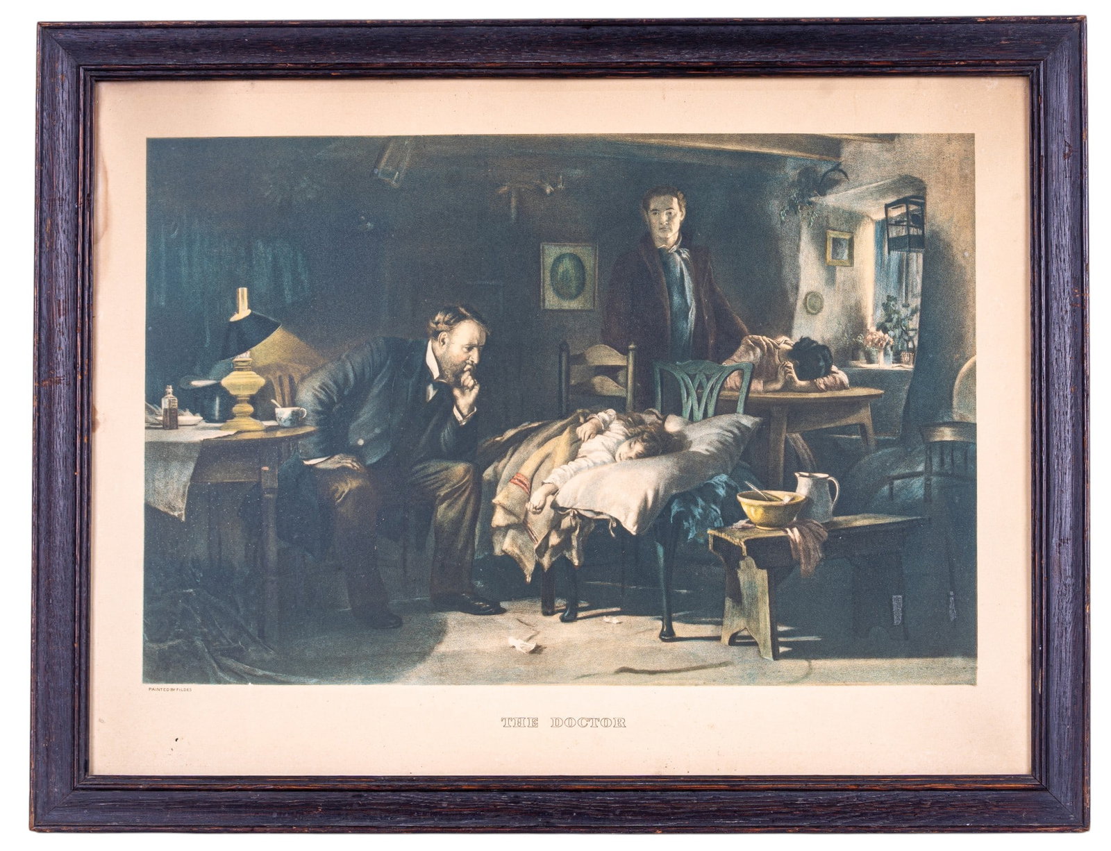 The Doctor by Fildes Lithographic print: A framed color lithographic print of the famous painting 'The Doctor' by Sir Luke Fildes, measures approx. 19" H x 24" W. Note some foxing/water damage in the upper left corner.