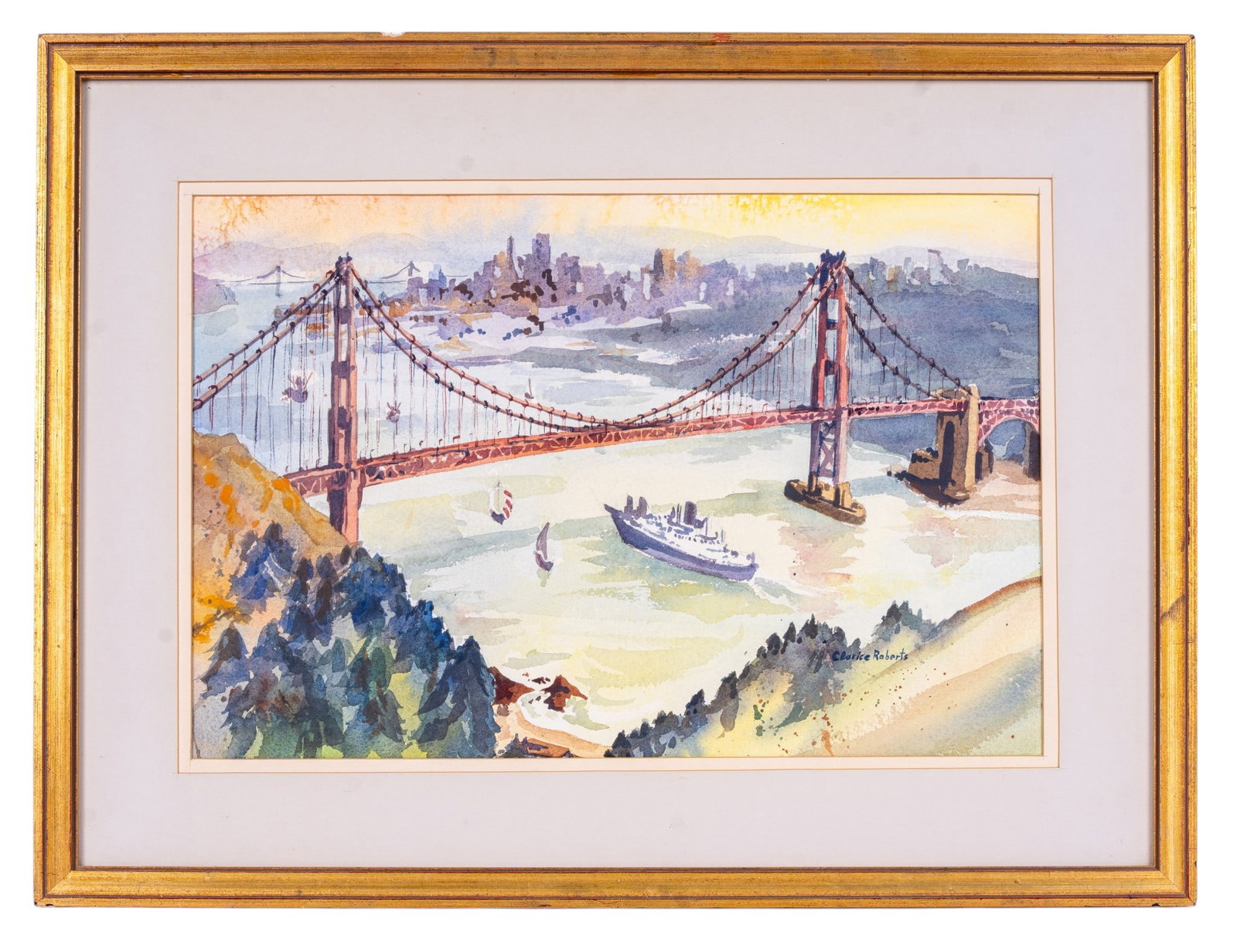 View of San Francisco by C. Roberts (Am 1922-2009): A matted and framed watercolor landscape depicting the Golden Gate Bridge, titled 'View of San Francisco', dated 1977, and signed in the lower right section by artist Clarice Roberts (American