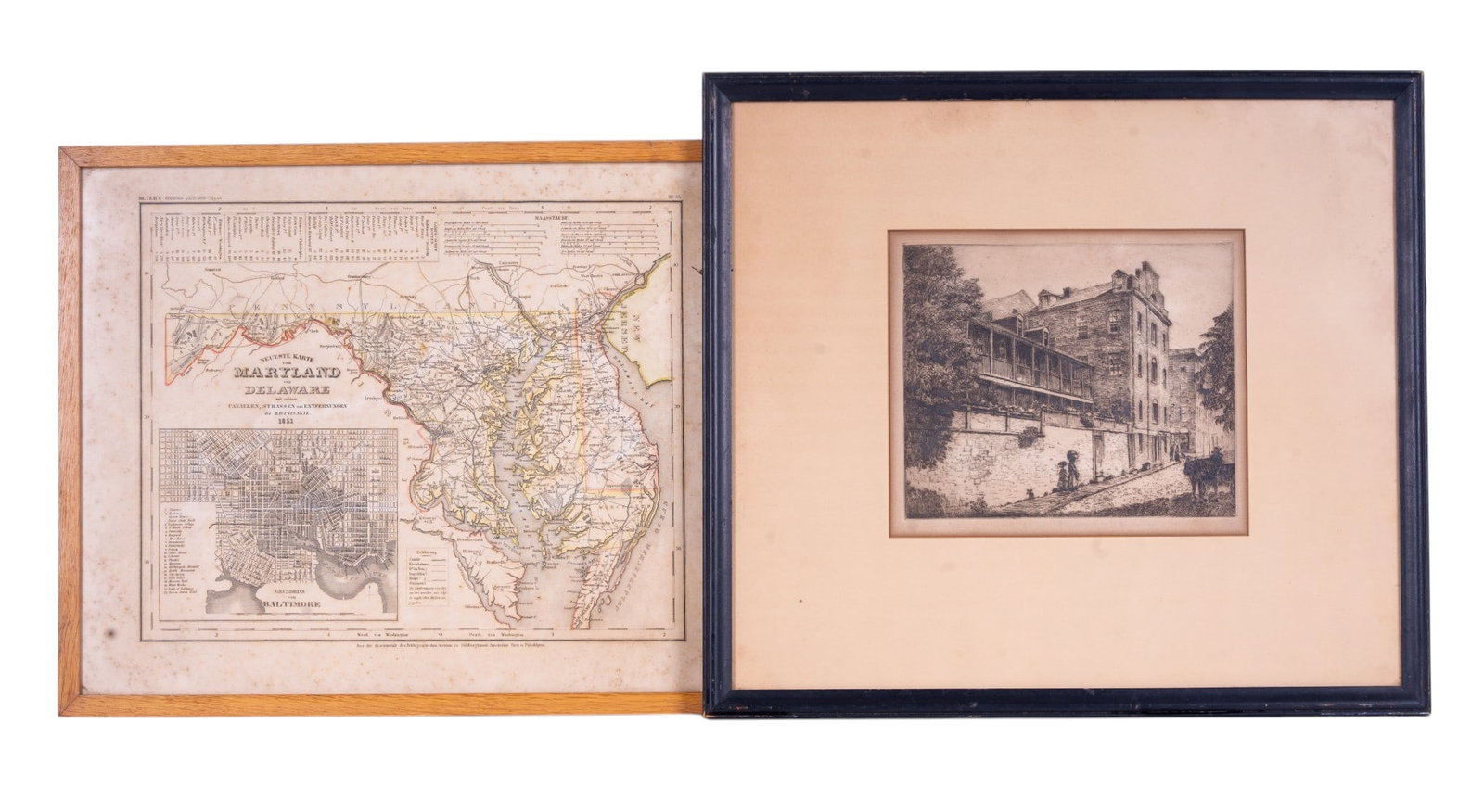 19th C Maryland Map and 20th C Baltimore Etching: A framed 19th C map of the states of Maryland and Delaware, measures approx. 15.5" H x 19" W, and a framed lithographic etching depicting/titled 'St. Paul and Pleasant St- Baltimore' dated 1930,