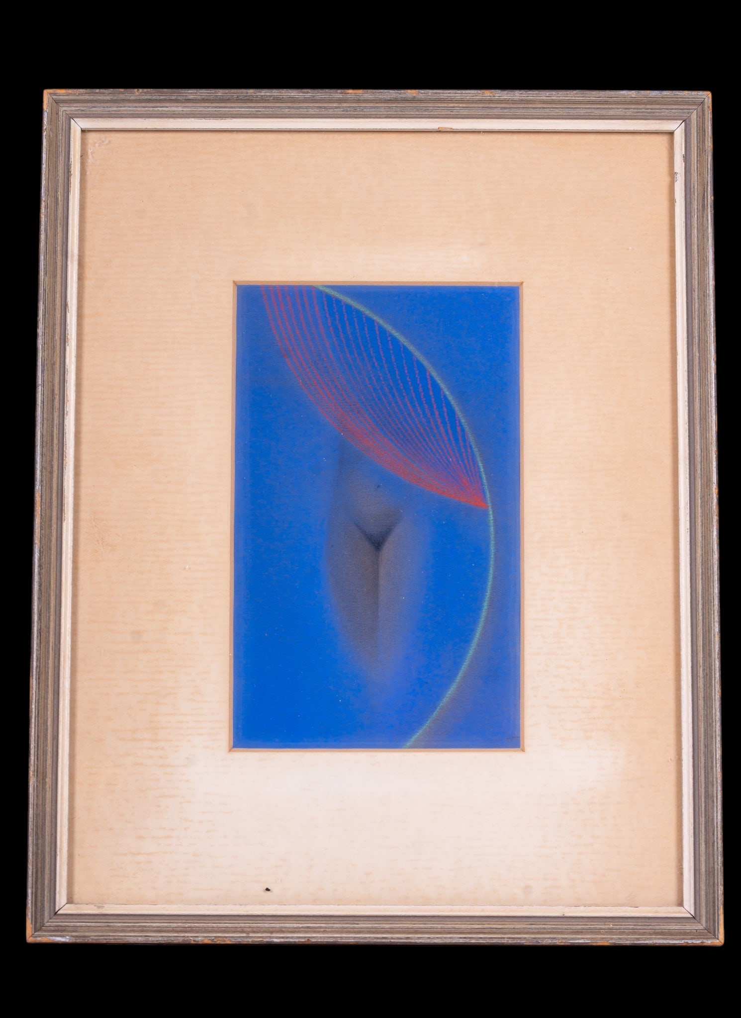 Sailors Vitrine' Pastel on Board: A small framed vintage pastel on mat board depicting a nude figure, title written on the reverse 'Sailors Vitrine', initialed illegibly in pencil in the lower right corner. Frame measures approx. 9.25