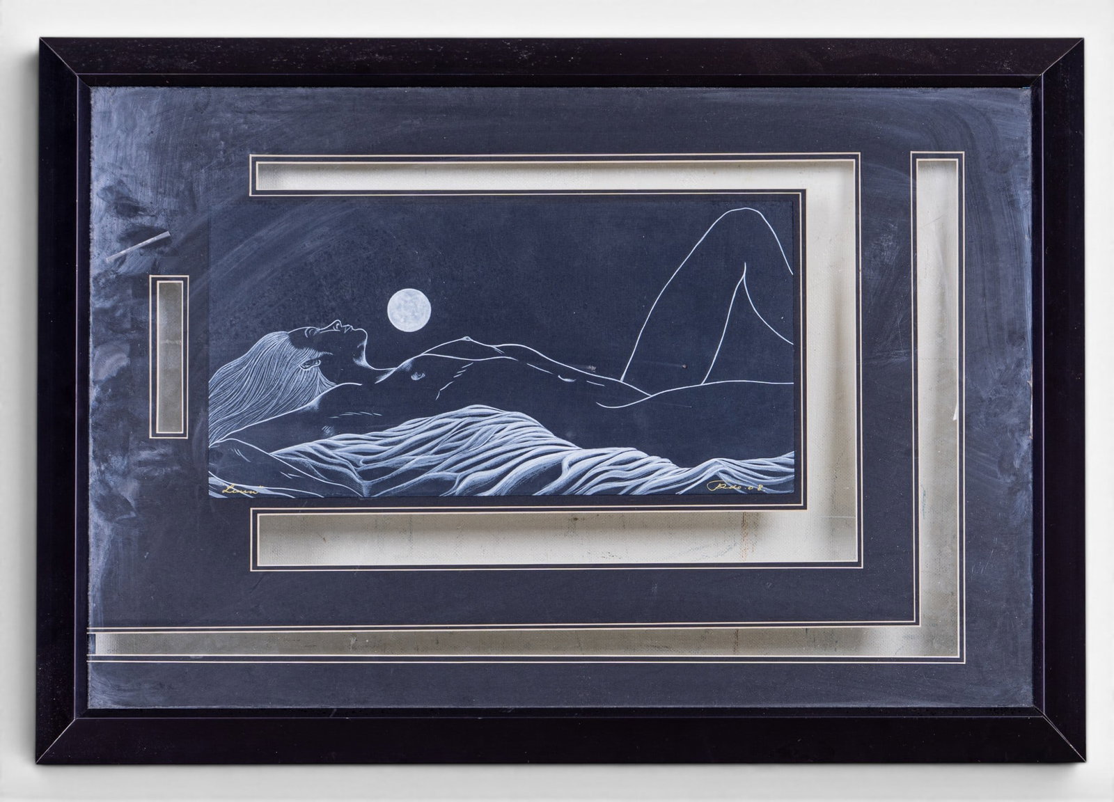 Nude Drawing on Paper with Cut Out Mat, Signed: An inverse white ink on black paper drawing depicting a nude female figure laying beneath a full moon, titled in gold ink in the lower left corner 'Luna', signed 'Rico' and dated '08' in the lower