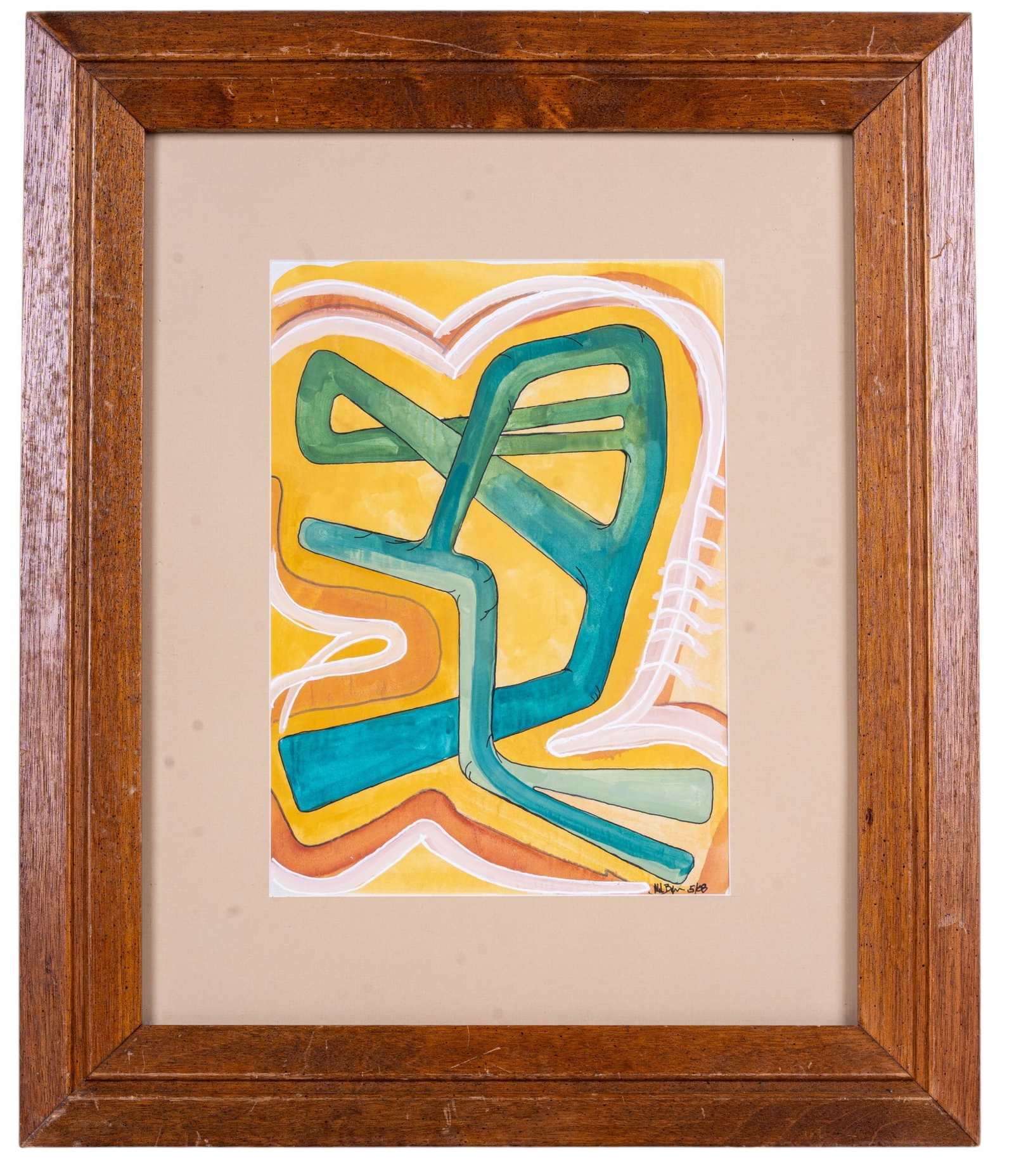 Signed Abstract Expressionist Mixed Media Painting: A signed abstract expressionist mixed media painting feauring geometric shapes in ink and watercolor, signed in the lower right corner, signature is illegible, dated '5/08'. Frame measures approx.
