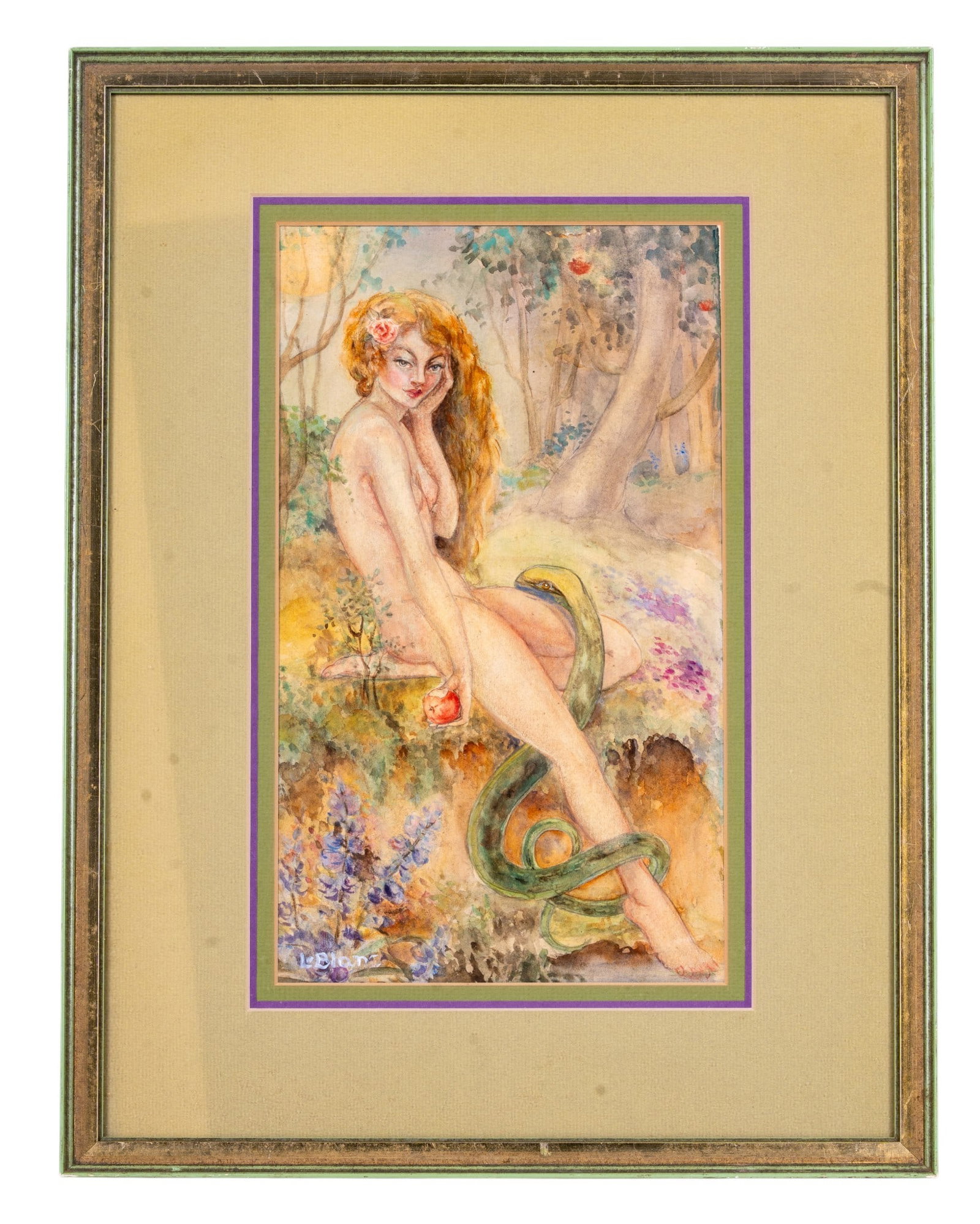 Eve and The Serpent Watercolor, Signed: A framed watercolor painting depicting Eve and the Serpent, holding an apple and sitting by an apple tree, signed 'LeBlanc' in the lower left corner. Measures approx. 16" w x 21" H.