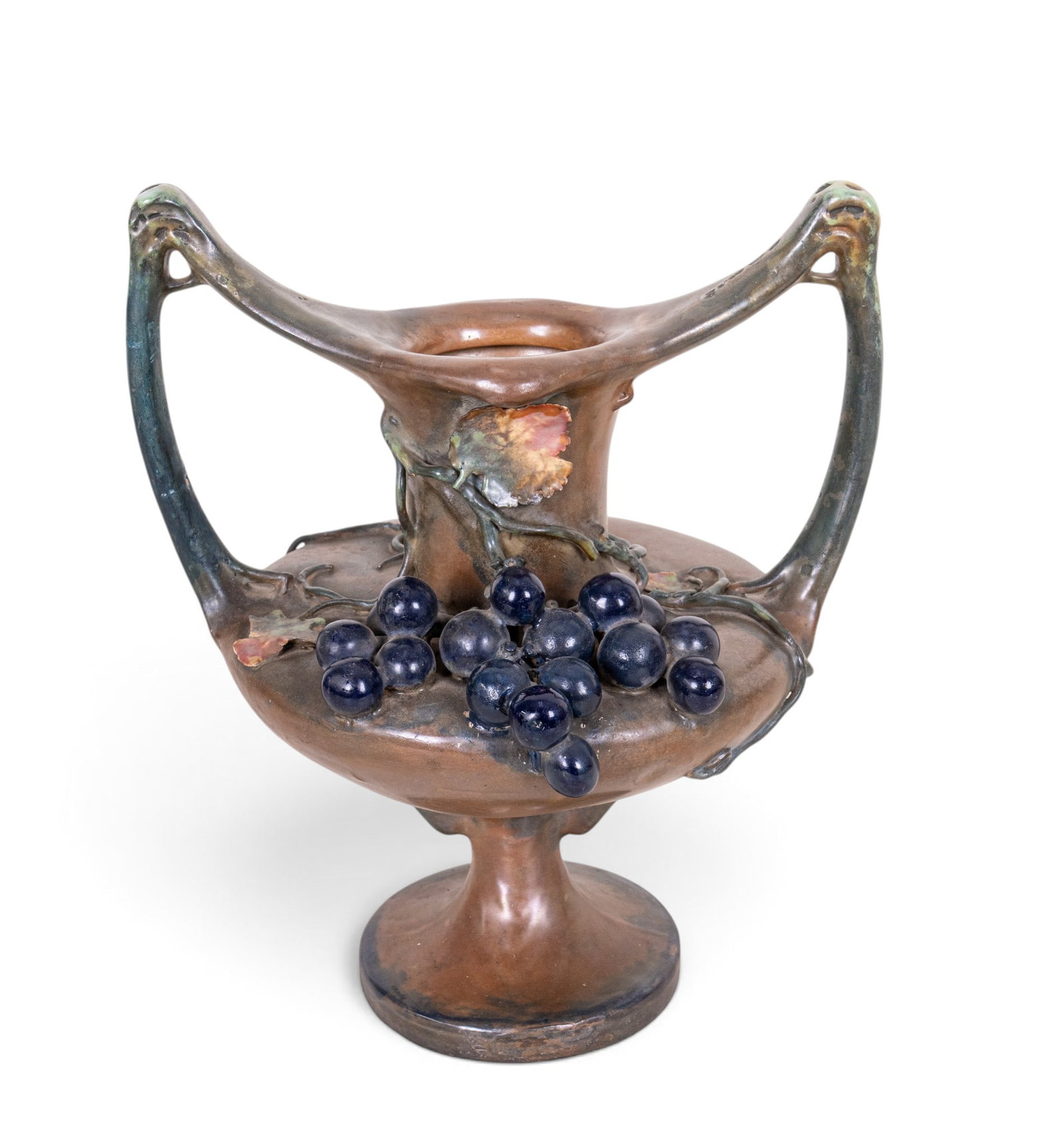 Austrian 20th C Amphora Art Nouveau Grapevine Ewer: Antique Austrian Amphora pottery vase/ewer from peak of the Art Nouveau period, circa 1900. Vase features low-slung wide-waisted body flanked by two elongated loop handles that form unified top rim.