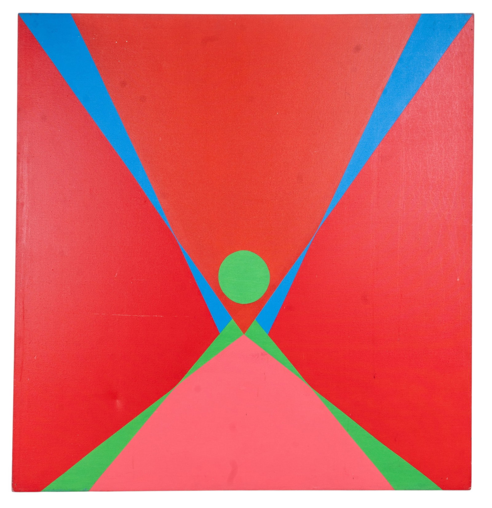Large Modern Oil on Canvas Geometric Abstraction: Large-scale midcentury modern geometric abstract oil painting. Striking composition features intense, vibrant red field dynamically separated by diagonal hard-edge planes of electric blue and green.