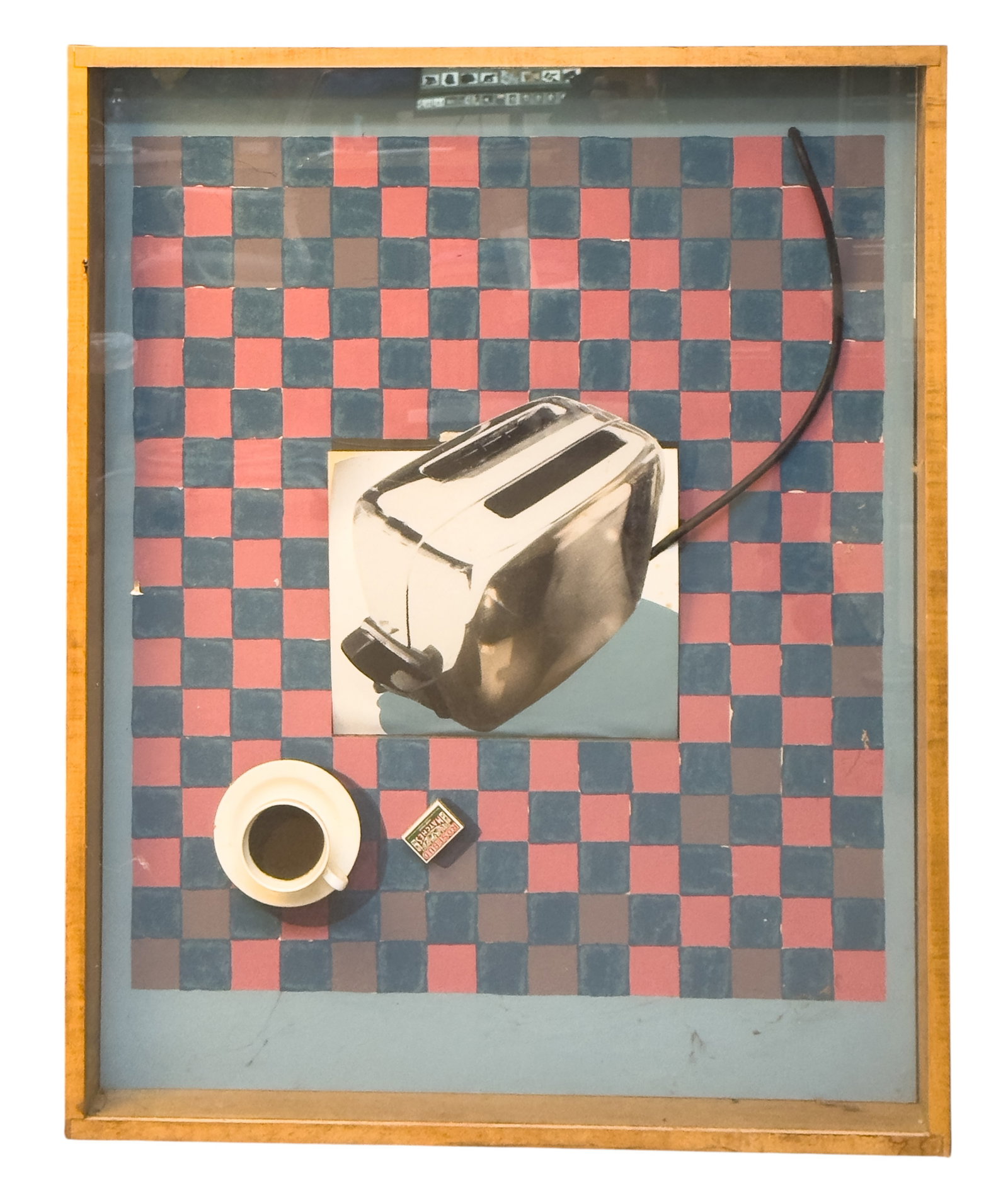1983 Large Signed Art "Breakfast of Champions": Art originally listed for $1900, this 34" x 43" assemblage shadow box (~4.5" D) art piece is titled "Breakfast of Champions" featuring a pop-art style composition with a pink and black checkerboard