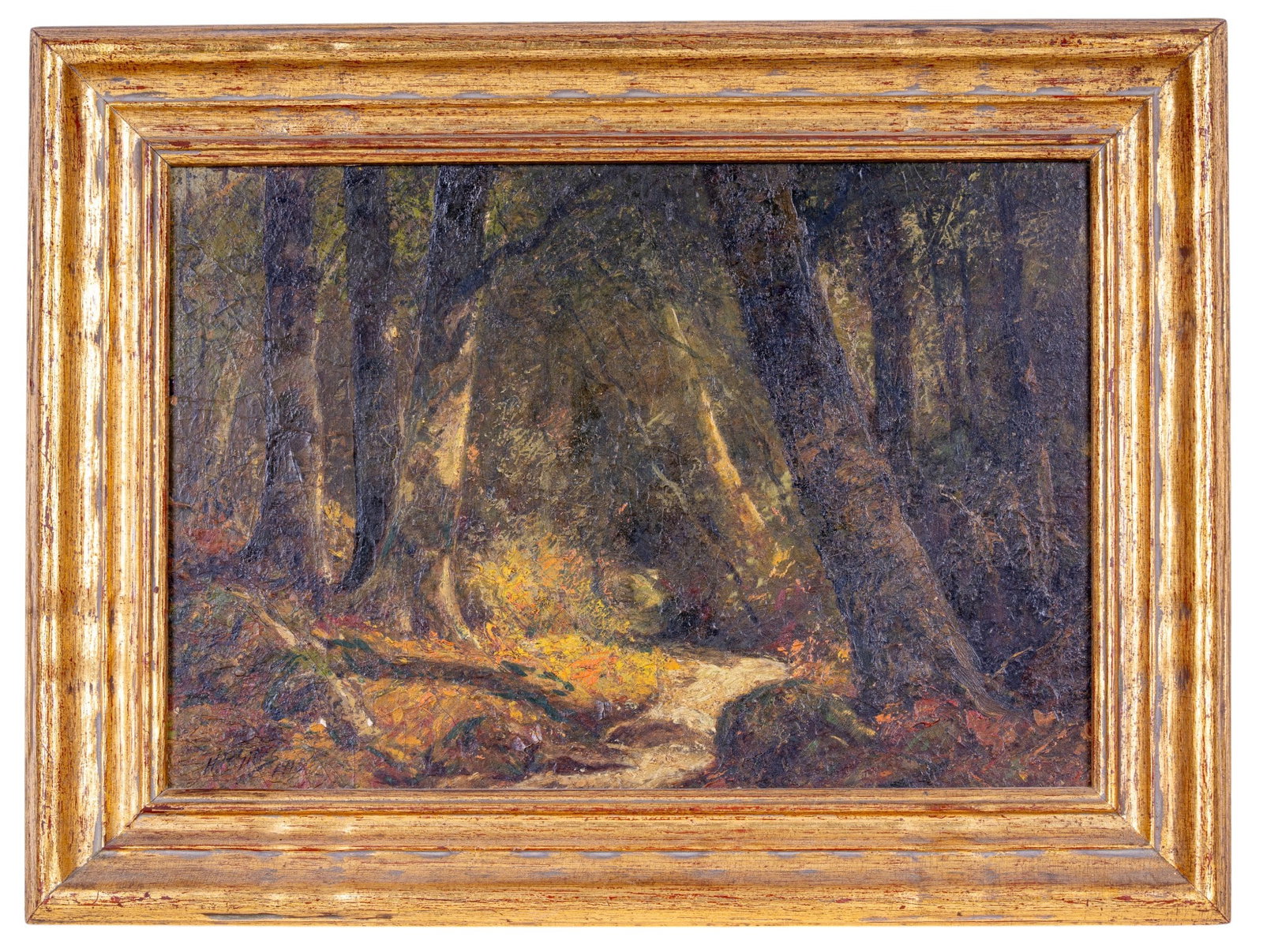 H.P. Giles (Am 1850-1930) Oil on Board: A framed oil on board painting depicting a dark forest scene, signed and dated in the lower right corner by Horace P. Giles (American 1850-1930), c. 1915. Note craquelure on the varnish, frame