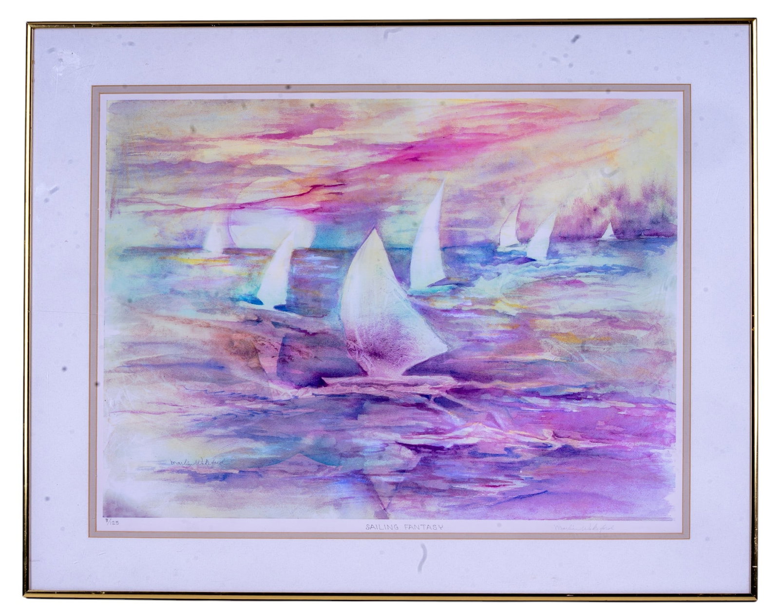 Sailing Fantasy Print- Marlien Wakeford (Am 20thC): A framed print depicting an abstract expressionist seascape scene featuring a pencil signed pastel color motif titled 'Sailing Fantasy' by Marlien Wakeford (American 20th C) edition No. 3 of 125.