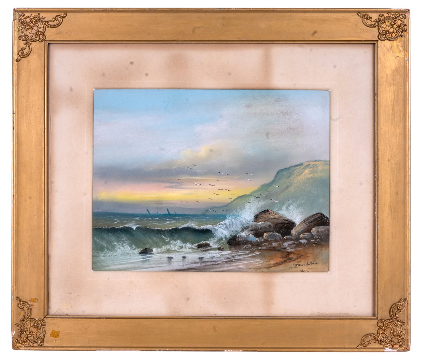 Seascape Pastel by W. H. Chandler (Am 1854-1928): An original seascape pastel on paper signed in the lower right corner by William Henry Chandler (American 1854-1928). Note some loss to early frame, foxing on mat board, measures approx. 25" H x