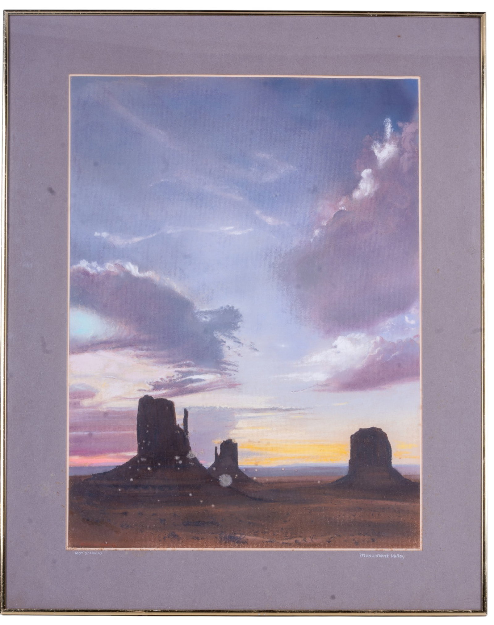 Monument Valley Original Pastel by Roy Schmid: A framed and matted original pastel on paper titled 'Monument Valley' signed by Roy Schmid in the lower left corner of the mat window. measures approx. 30" H x 24" W.