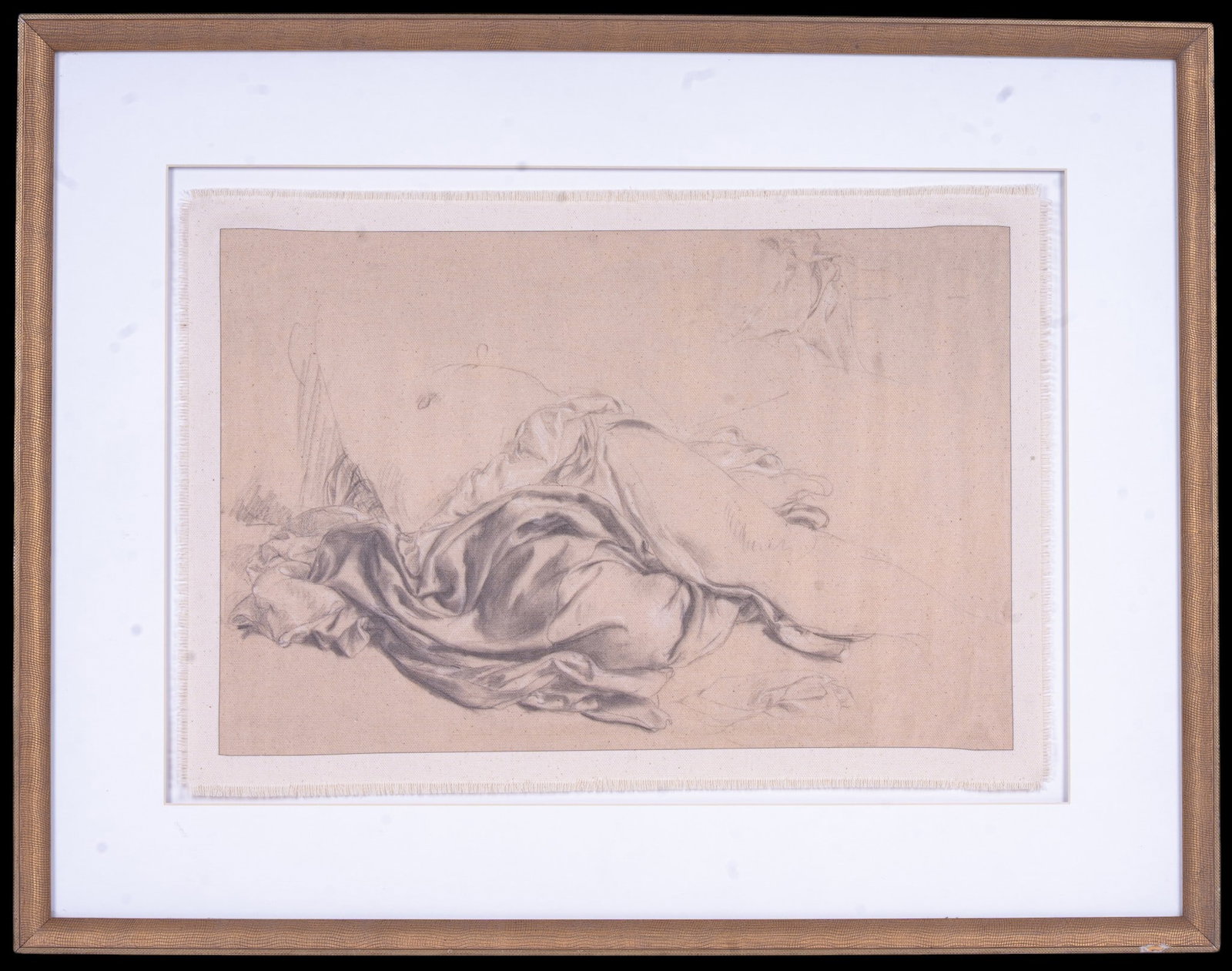 Vintage Glicee Reproduction Print on Canvas: A vintage glicee reproduction print of a swatch of canvas after 'Study of a Draped Torso' by Romain Cazes (1810-1881). Frame measures approx. 21" H x 27" W.