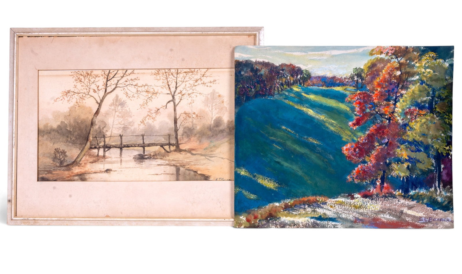 2 Signed Watercolor on Paper Paintings: A double sided watercolor on paper, one side depicting a small house on a hill next to a wooded area, the other side depicting a rolling hill and tree landscape, signed on this side in the lower right