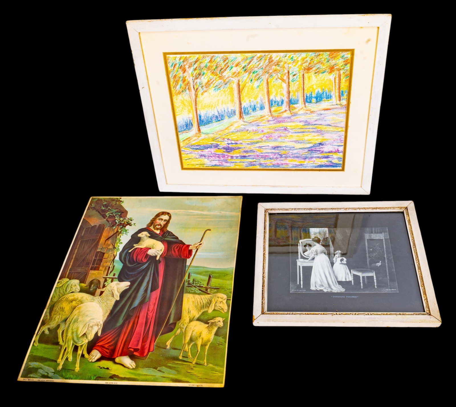 Jesus Christ Lithograph and Other Framed Art: An antique color lithographic print in a Victorian wood frame, note glass will need to be replaced and loss to frame, a colorful soft pastel landscape signed in the lower right corner 'Joyce Lindquist