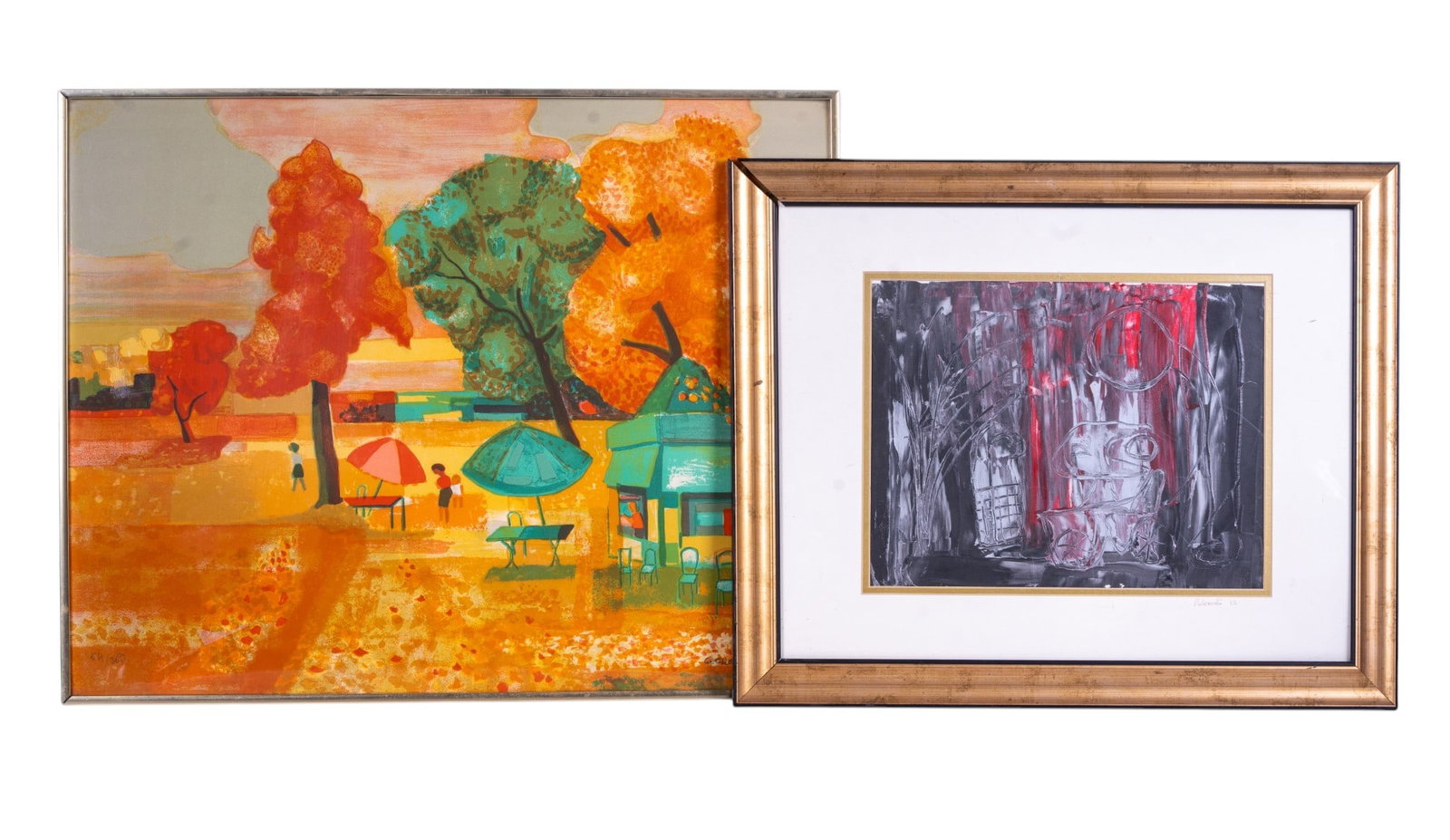 Lambert Print and Contemporary Abstract Art: A framed piece of contemporary abstract acrylic on paper painting featuring a red, black, and silver expressionist motif, signed in pencil on the mat 'Palomahi 03', measures approx. 18.5" H x 23" W, a
