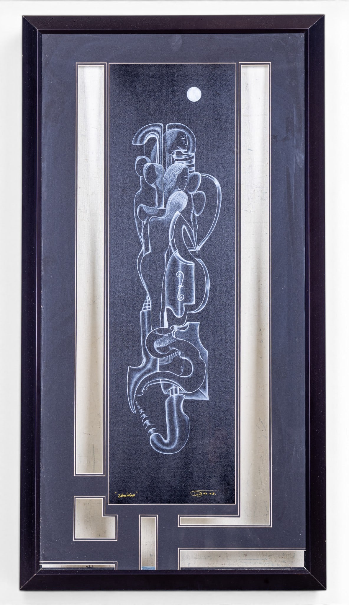 Nude Drawing on Paper with Cut Out Mat, Signed: An inverse white ink on black paper drawing depicting a modernist group of nude female figures clustered together beneath a full moon, titled in gold ink in the lower left corner 'Unidos' (Untitled), 