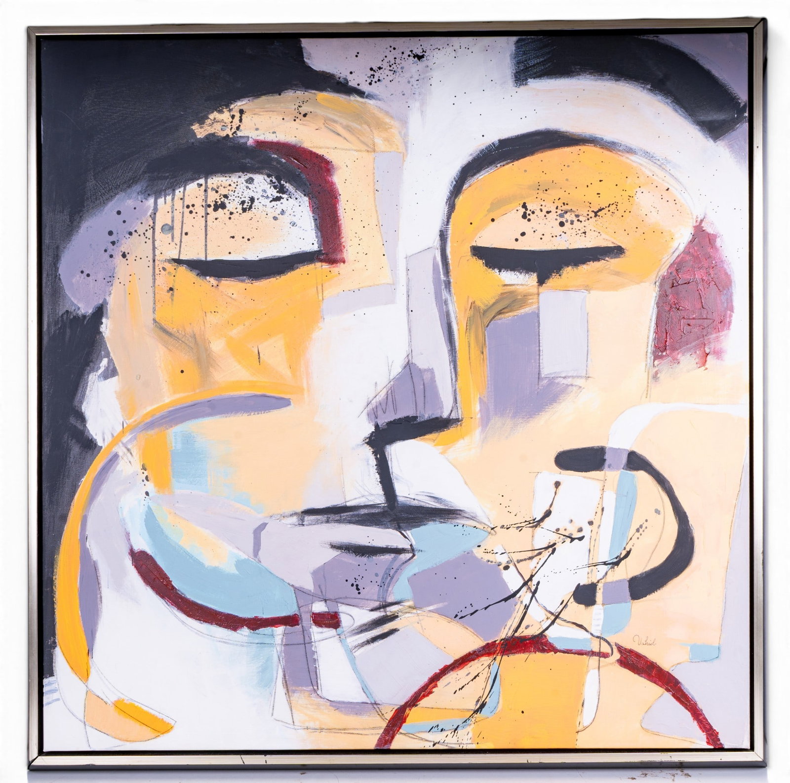 Contemporary Abstract Expressionist Portrait Print: A contemporary paint embellished canvas print depicting an abstract expressionist portrait in a canvas float frame with a print signature in the lower right section that reads 'Vahid'. Measures approx